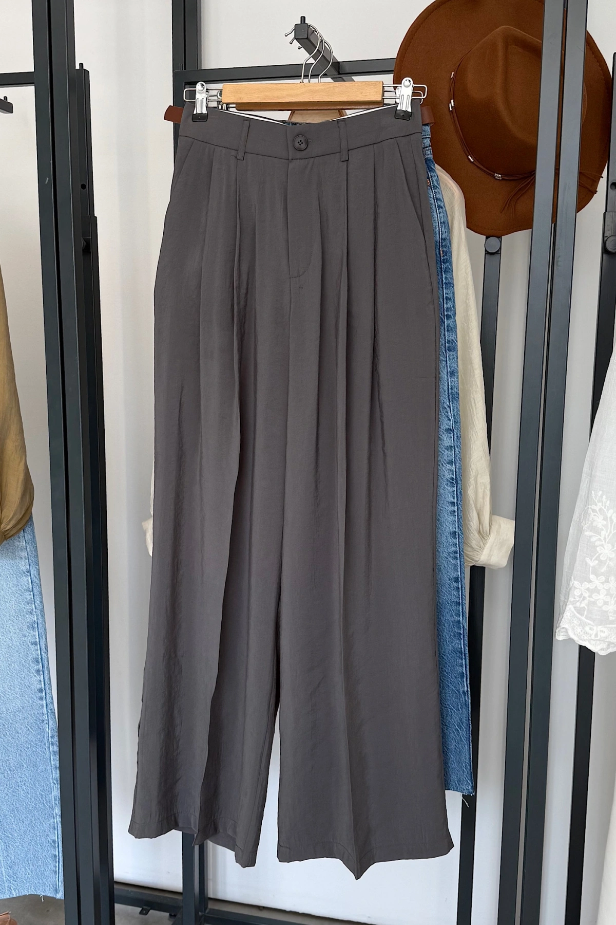 Bs Pile Detaylı Modal Pantolon Gri