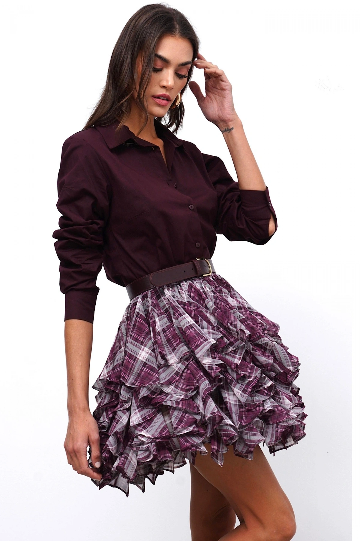 Beli Lastikli Fırfırlı Mini Etek Bordo