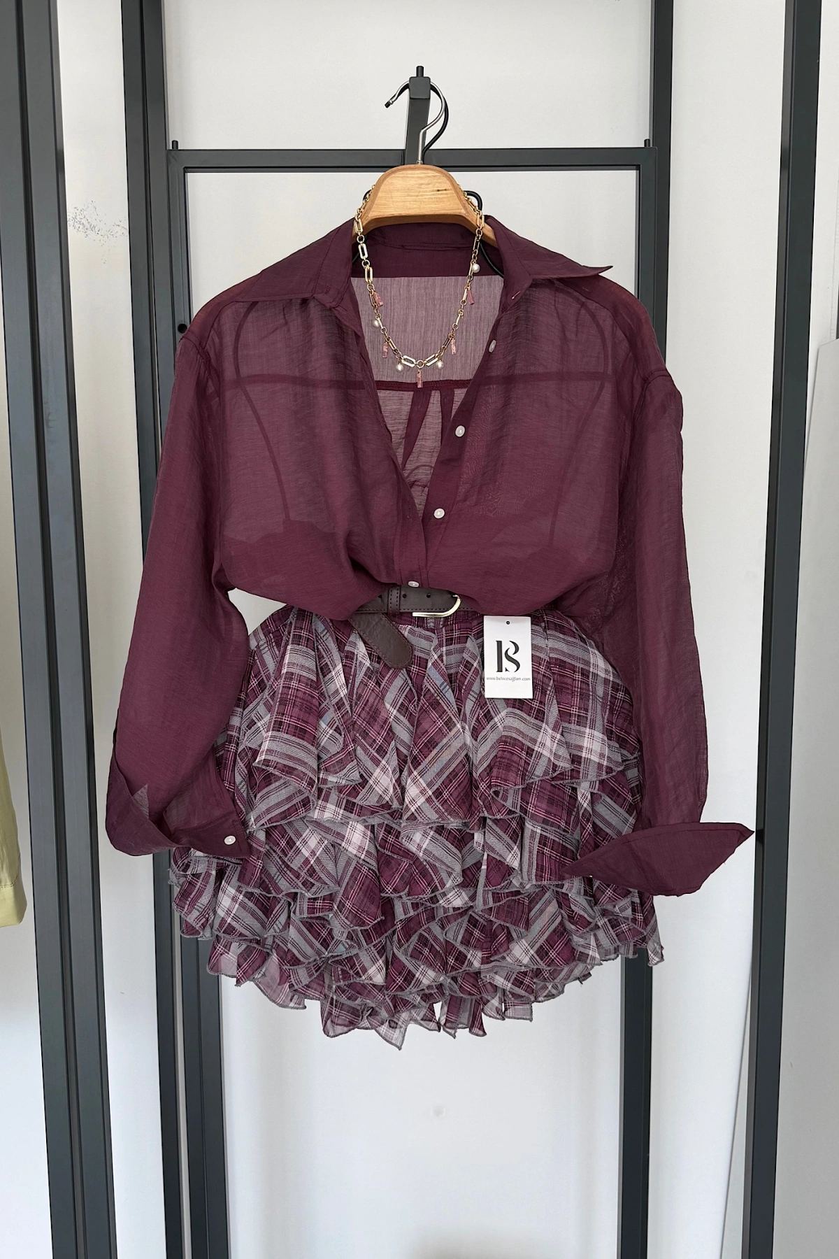 Beli Lastikli Fırfırlı Mini Etek Bordo