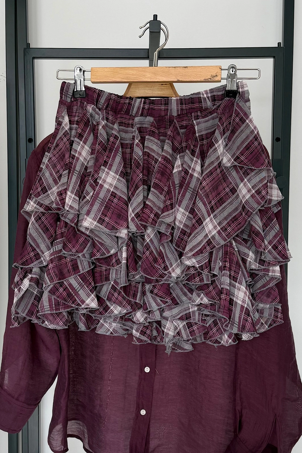 Beli Lastikli Fırfırlı Mini Etek Bordo