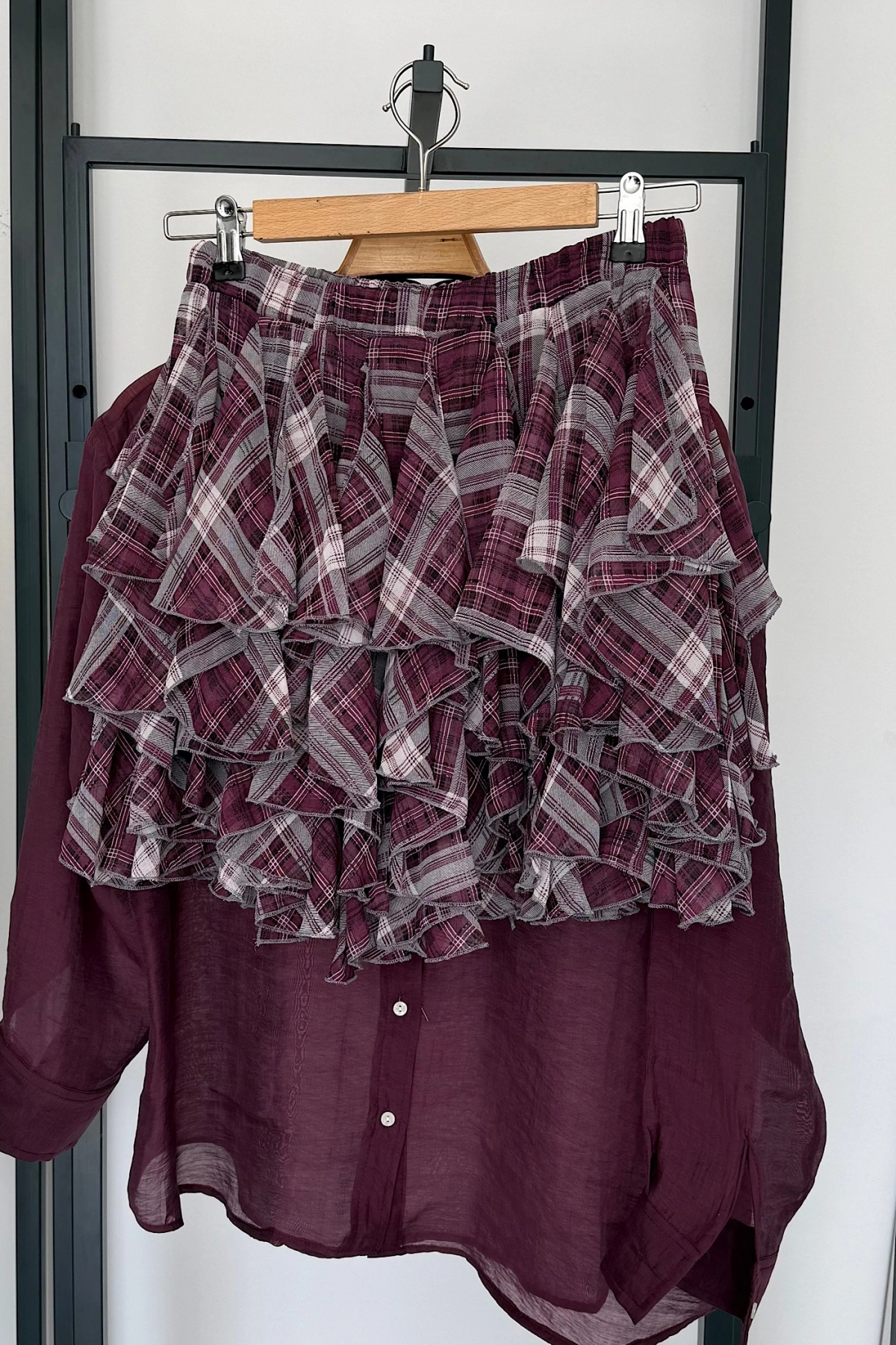 Beli Lastikli Fırfırlı Mini Etek Bordo