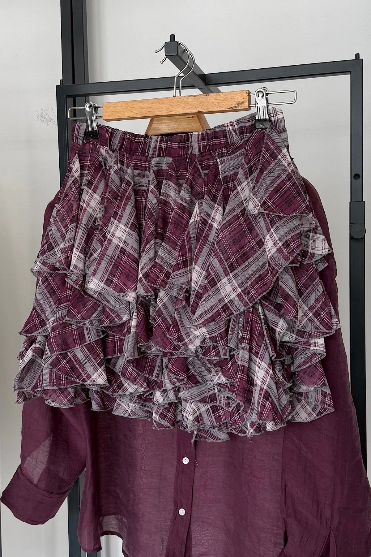 Beli Lastikli Fırfırlı Mini Etek Bordo