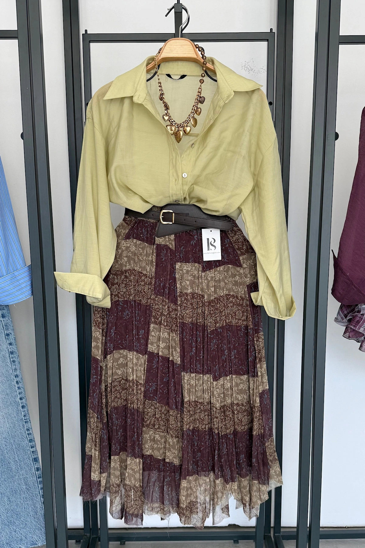 Kendinden Kemerli Karışık Desen Etek Kahve-Yeşil