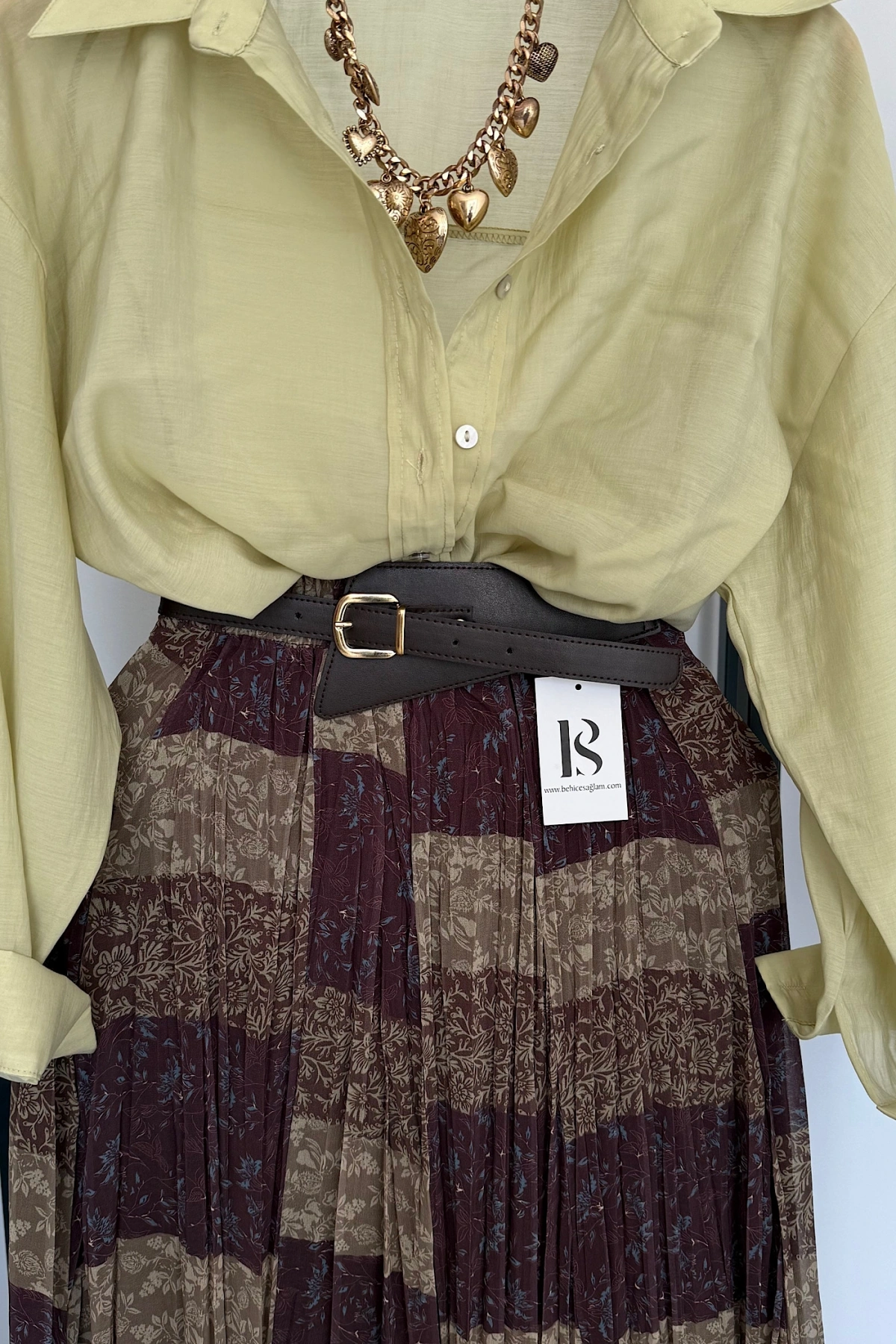 Kendinden Kemerli Karışık Desen Etek Kahve-Yeşil