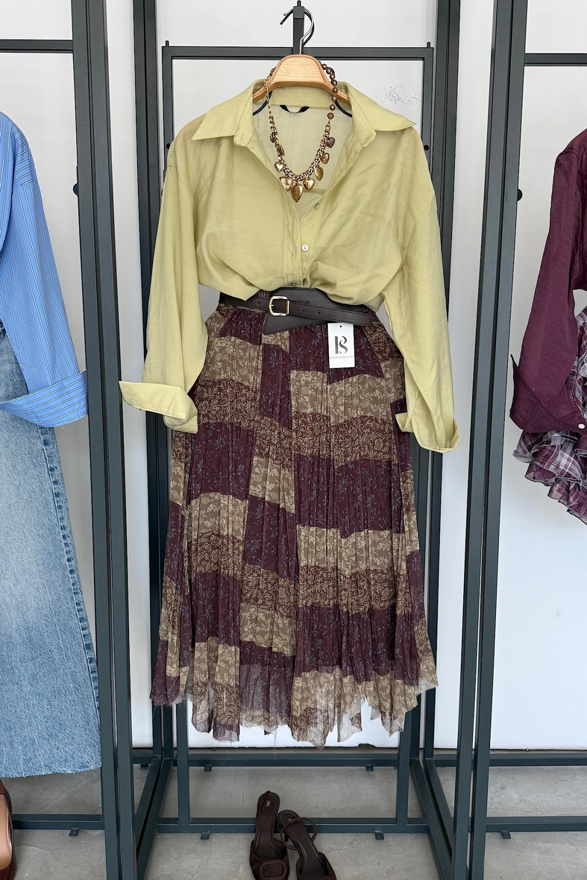 Kendinden Kemerli Karışık Desen Etek Kahve-Yeşil