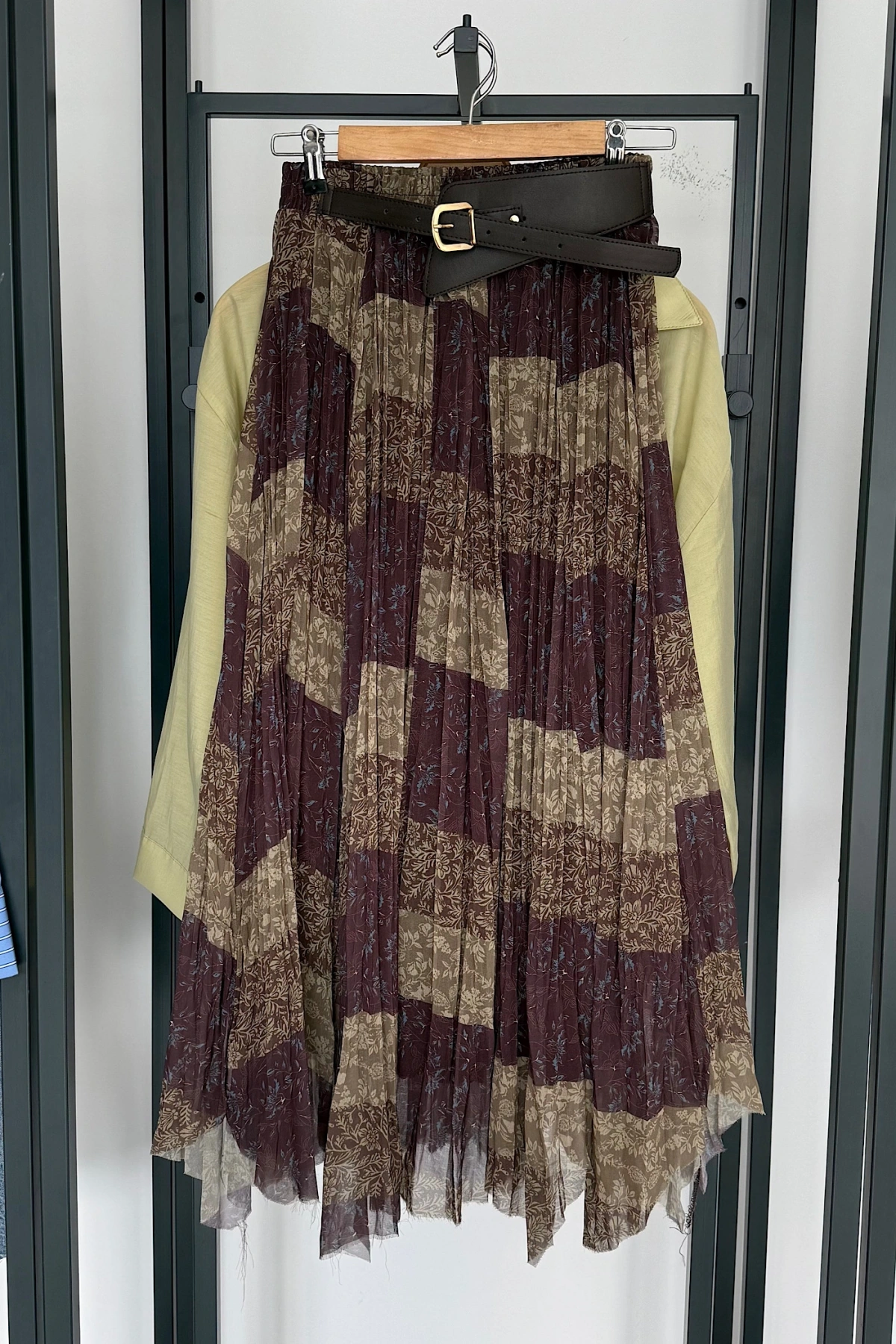 Kendinden Kemerli Karışık Desen Etek Kahve-Yeşil