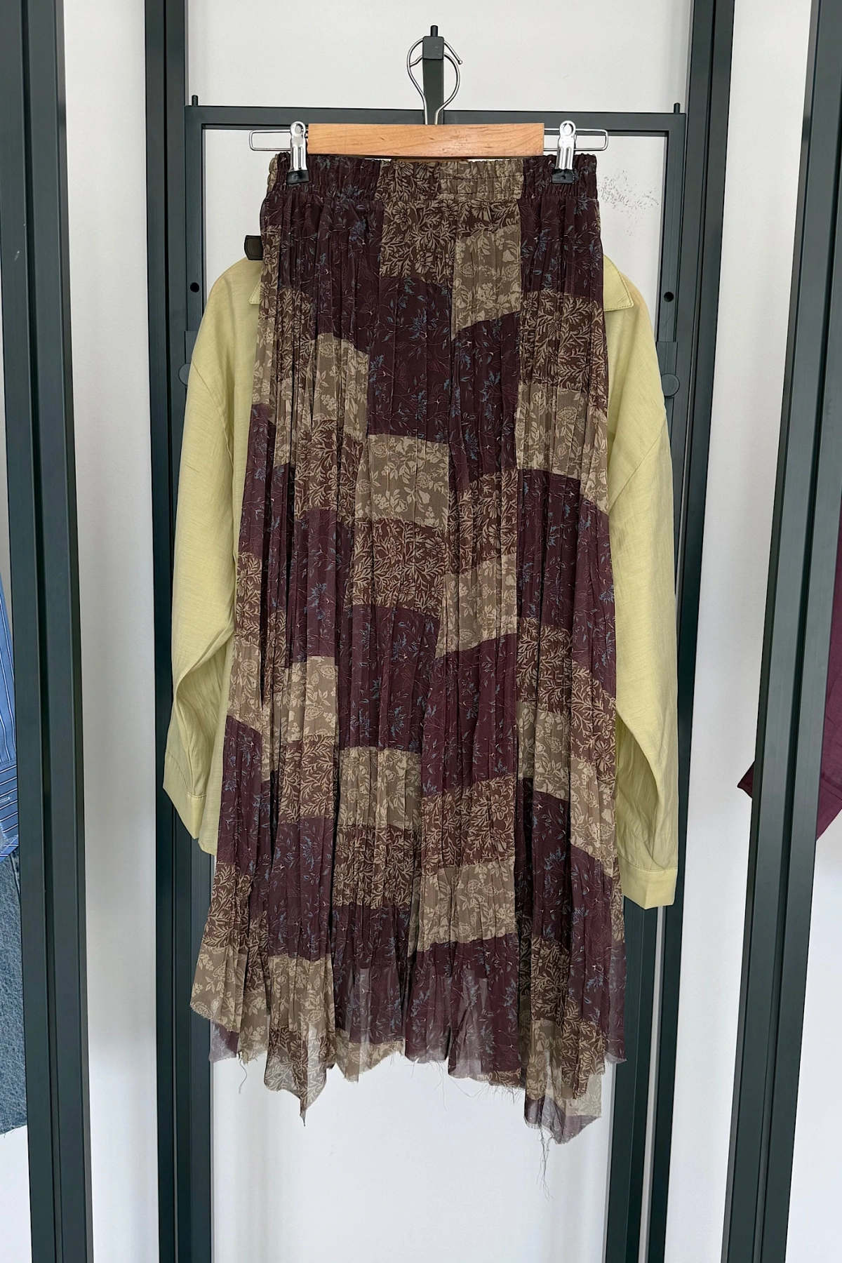 Kendinden Kemerli Karışık Desen Etek Kahve-Yeşil