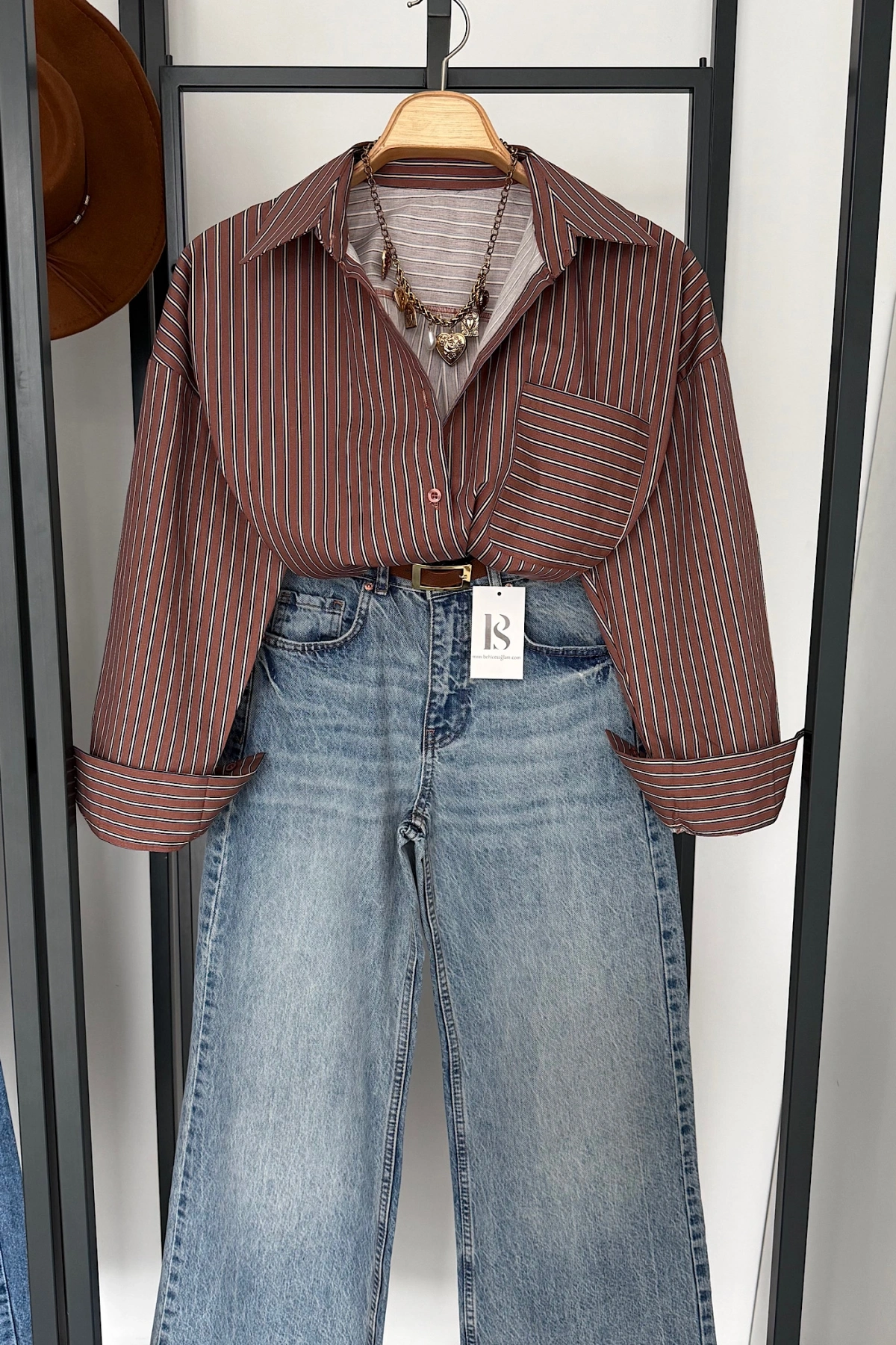 Oversize Çizgili Cepli Gömlek Kahverengi