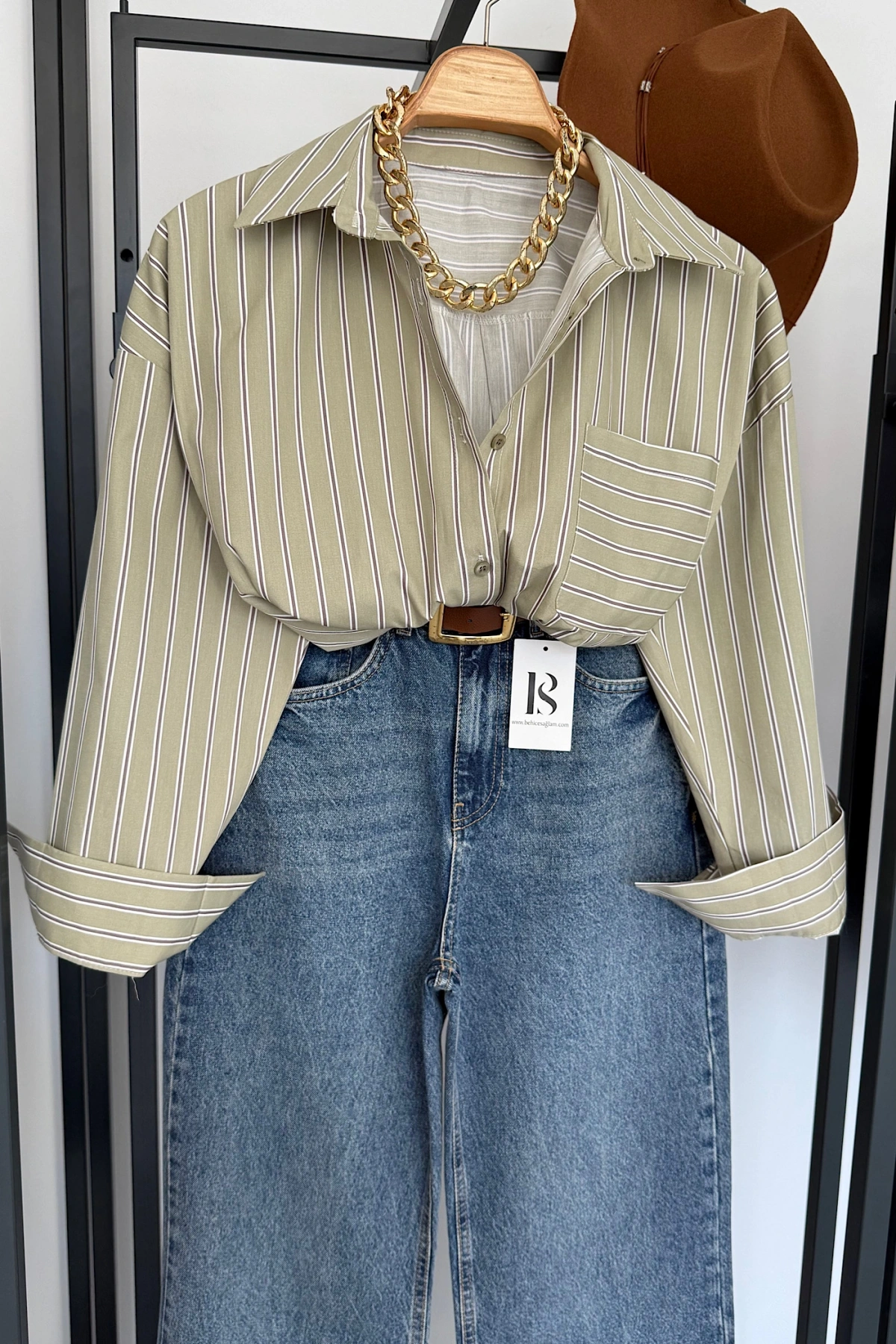 Oversize Çizgili Cepli Gömlek Açık Yeşil