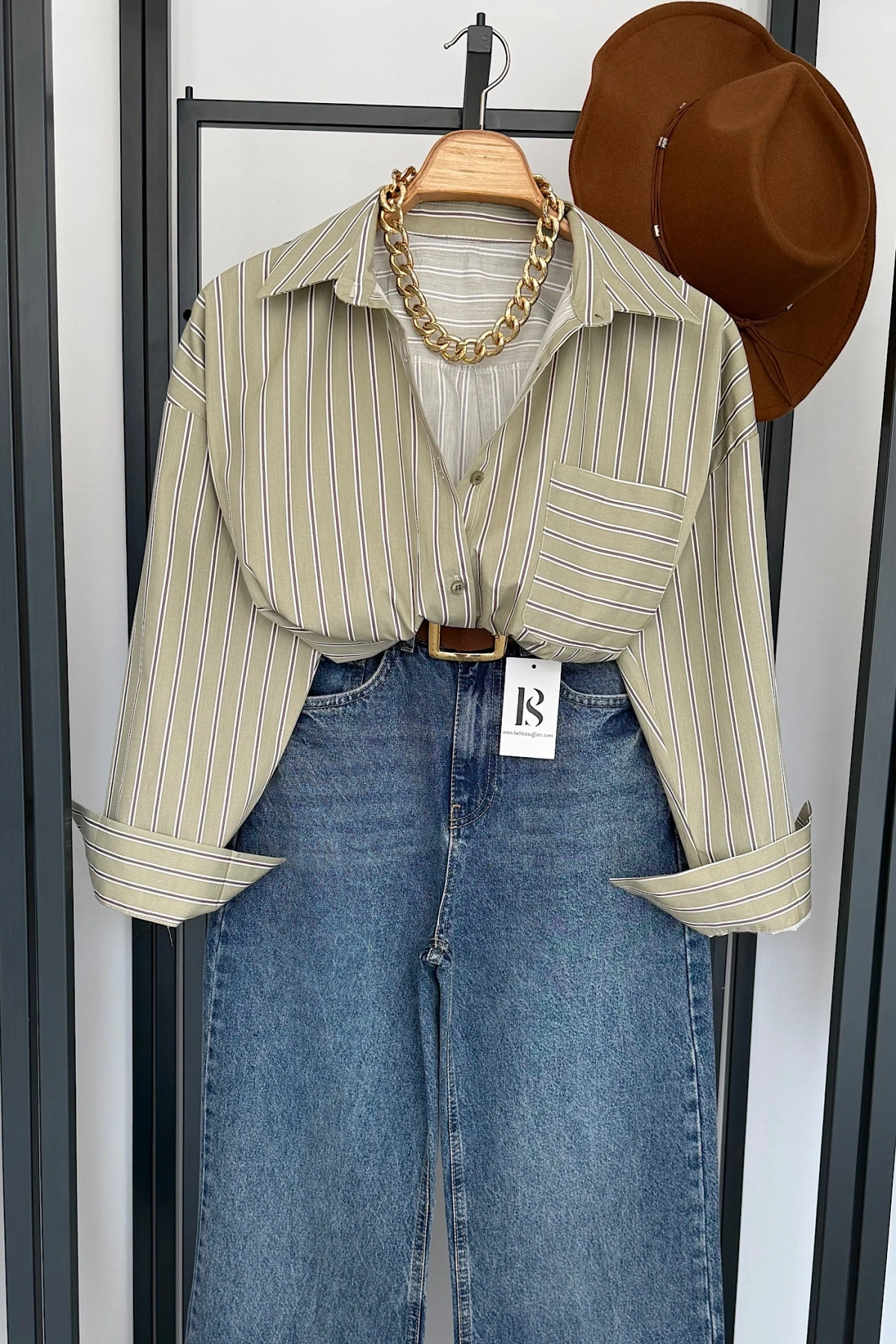 Oversize Çizgili Cepli Gömlek Açık Yeşil