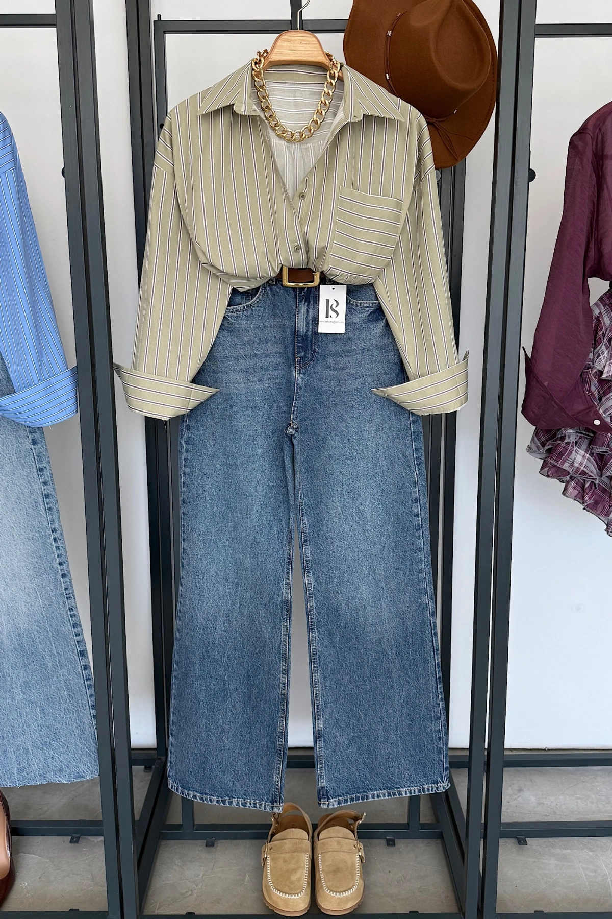 Oversize Çizgili Cepli Gömlek Açık Yeşil