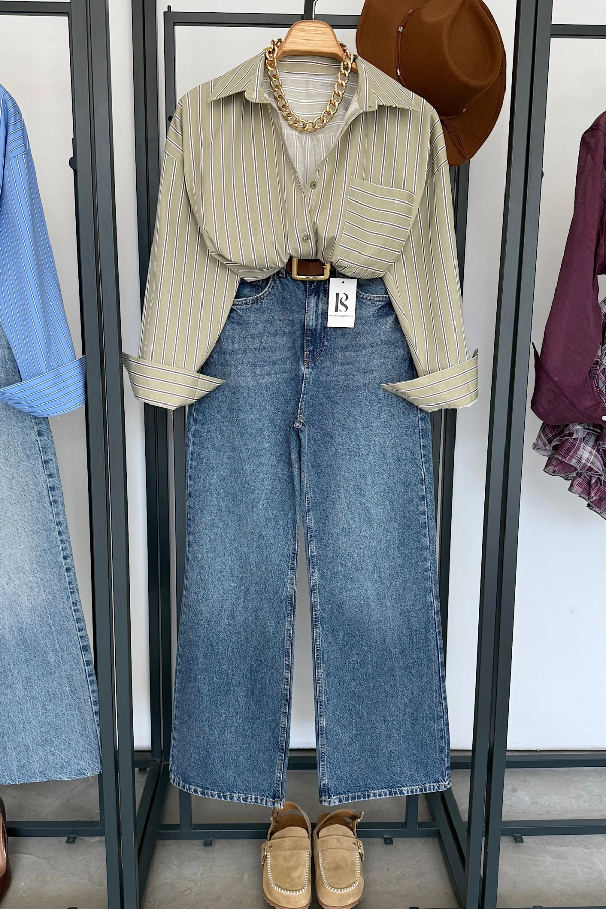 Oversize Çizgili Cepli Gömlek Açık Yeşil