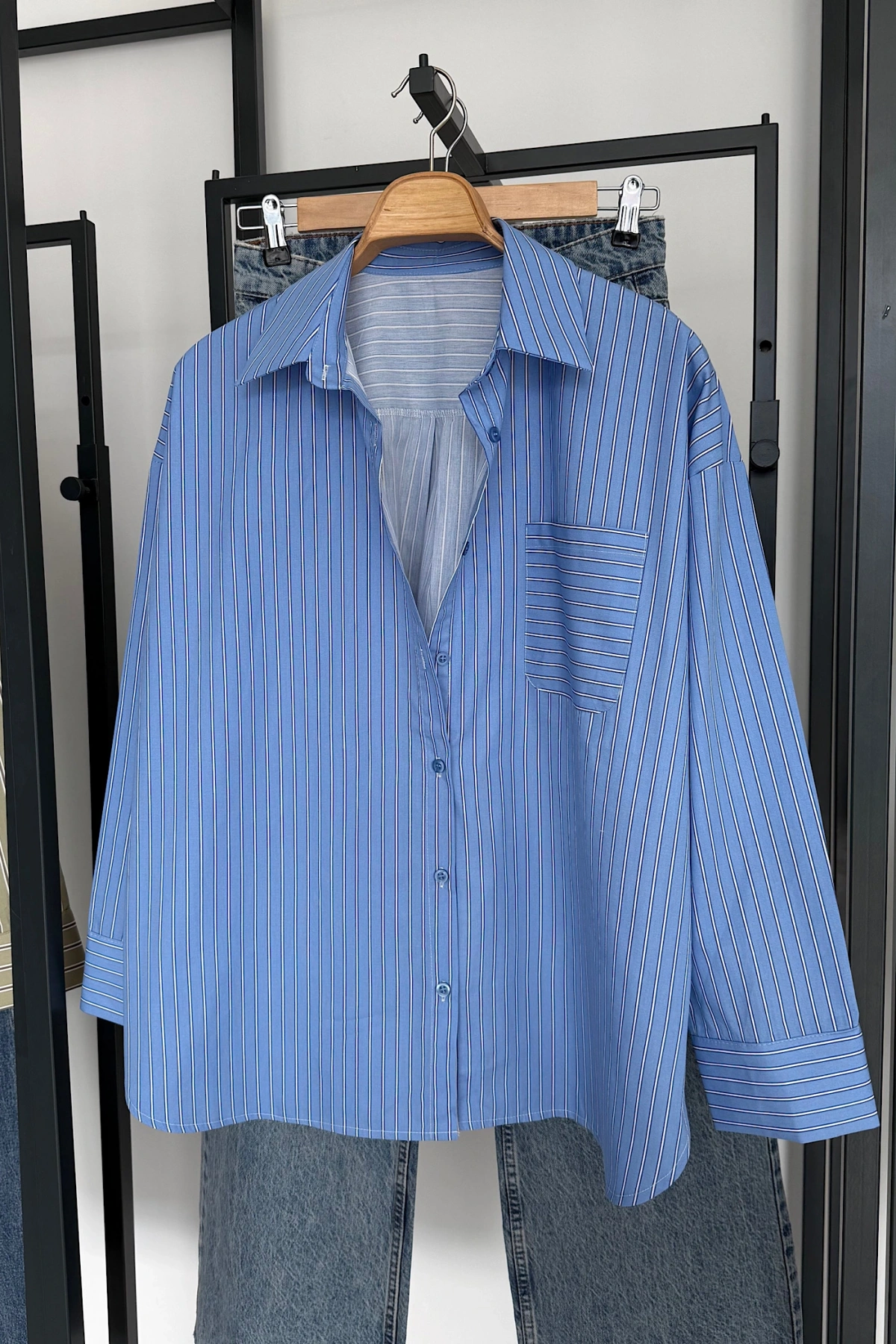 Oversize Çizgili Cepli Gömlek Bebe Mavi