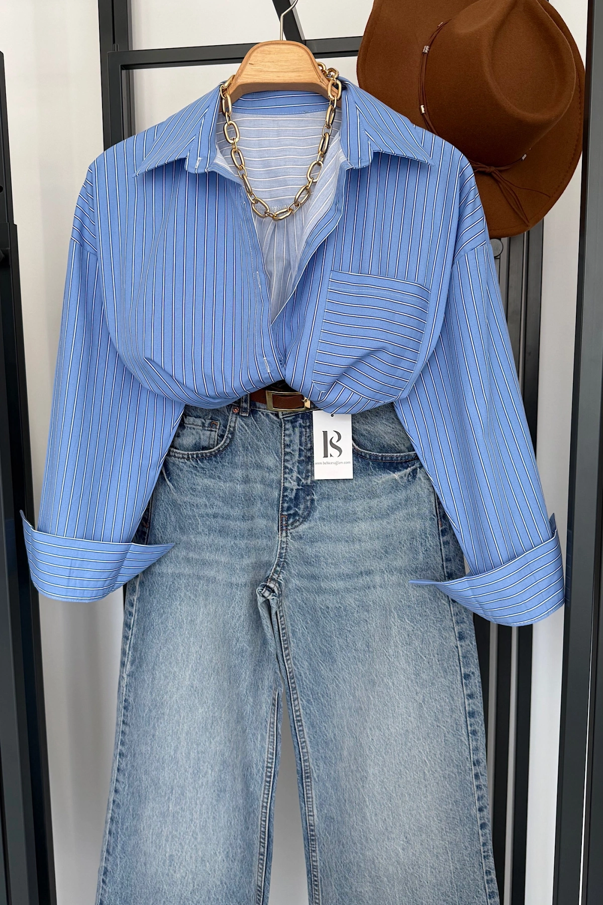 Oversize Çizgili Cepli Gömlek Bebe Mavi