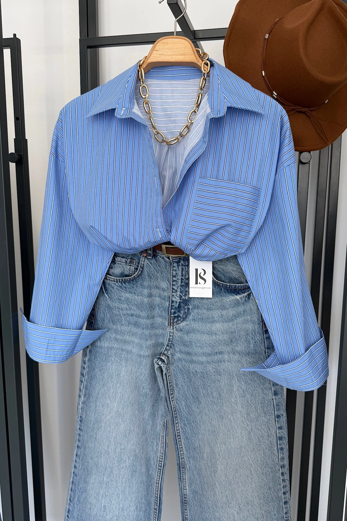 Oversize Çizgili Cepli Gömlek Bebe Mavi