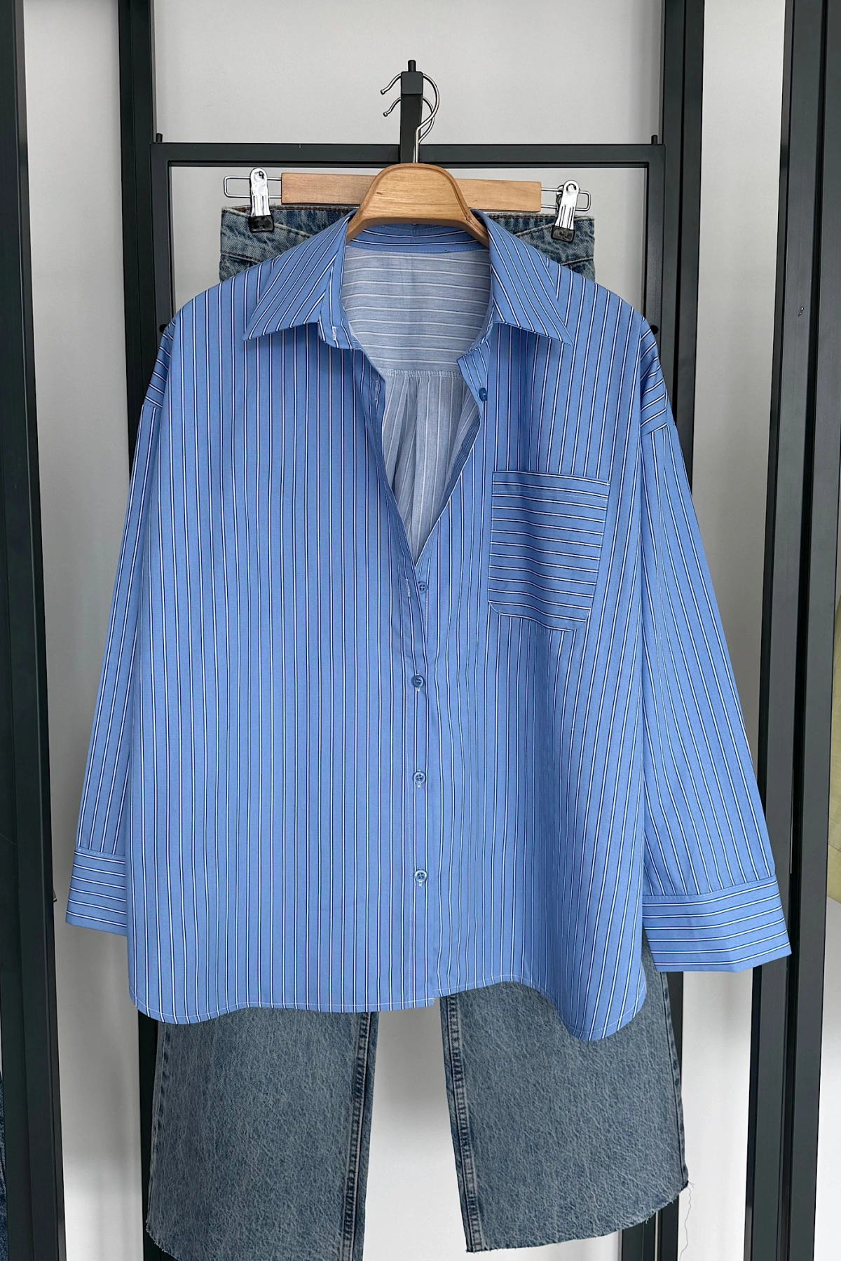Oversize Çizgili Cepli Gömlek Bebe Mavi