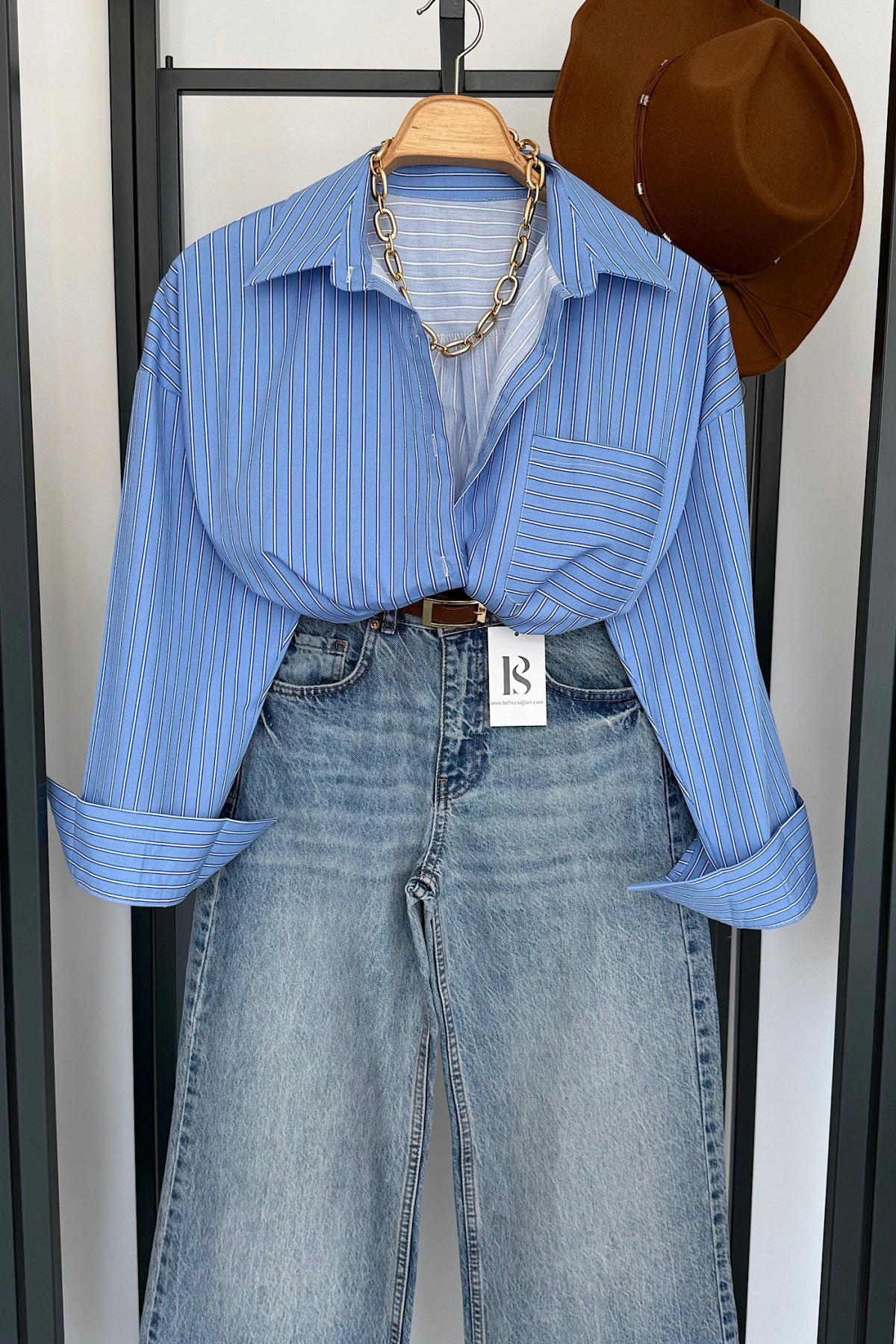 Oversize Çizgili Cepli Gömlek Bebe Mavi