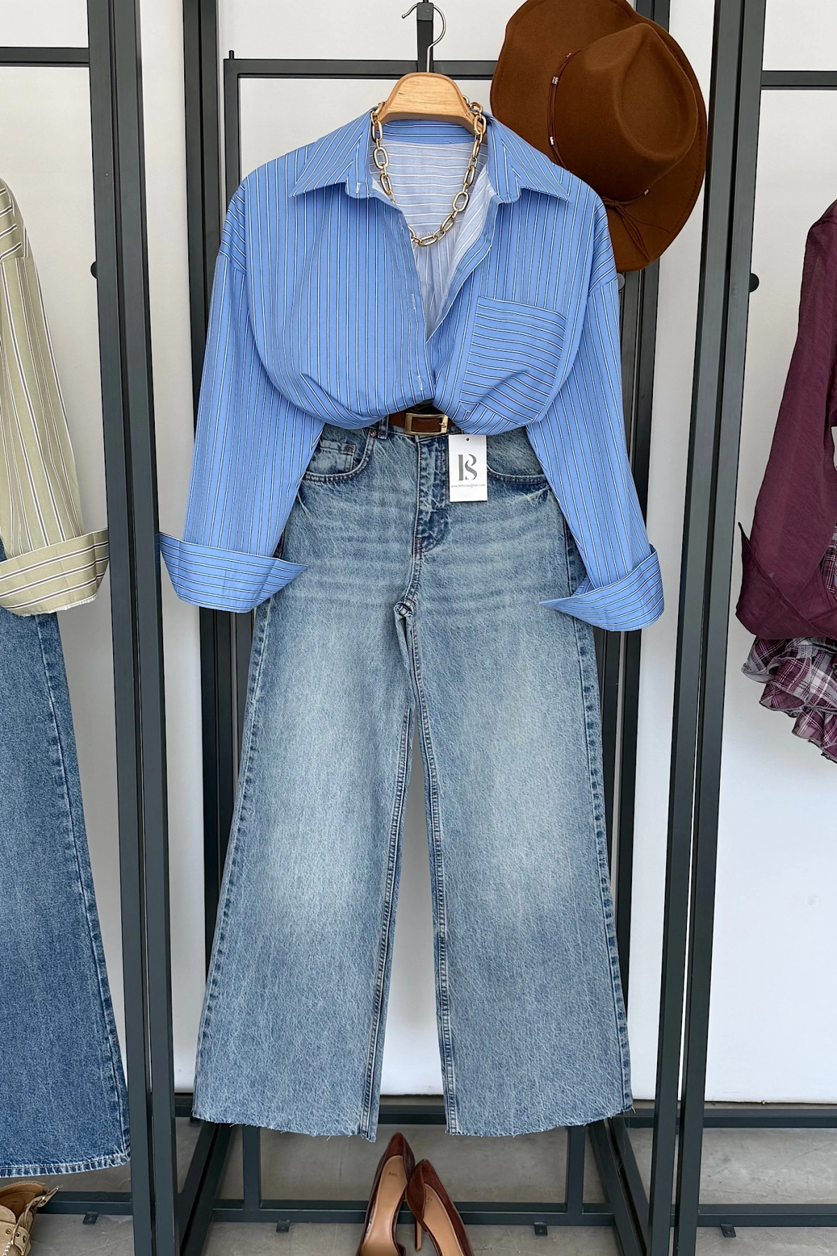 Oversize Çizgili Cepli Gömlek Bebe Mavi