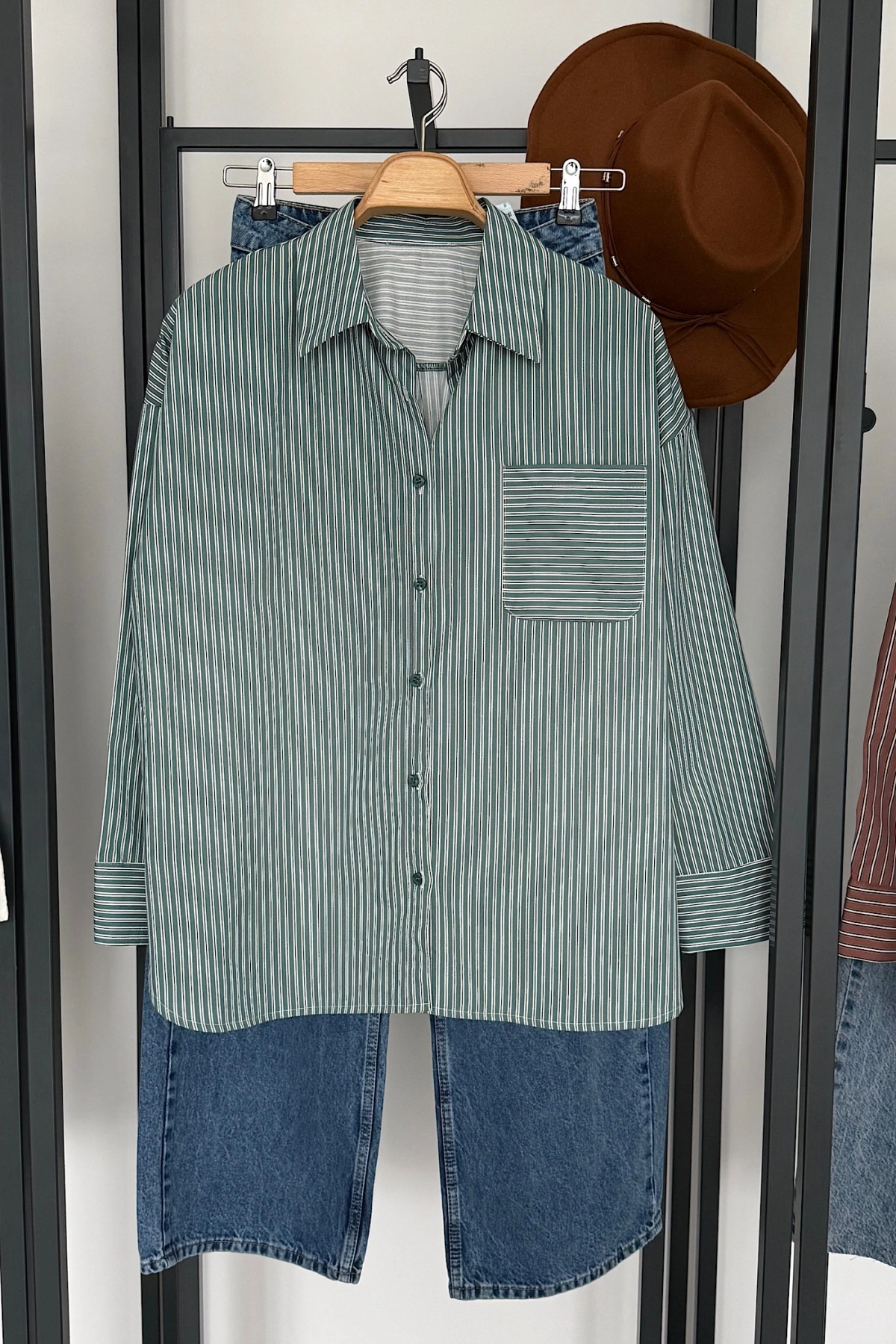 Oversize Çizgili Cepli Gömlek Yeşil