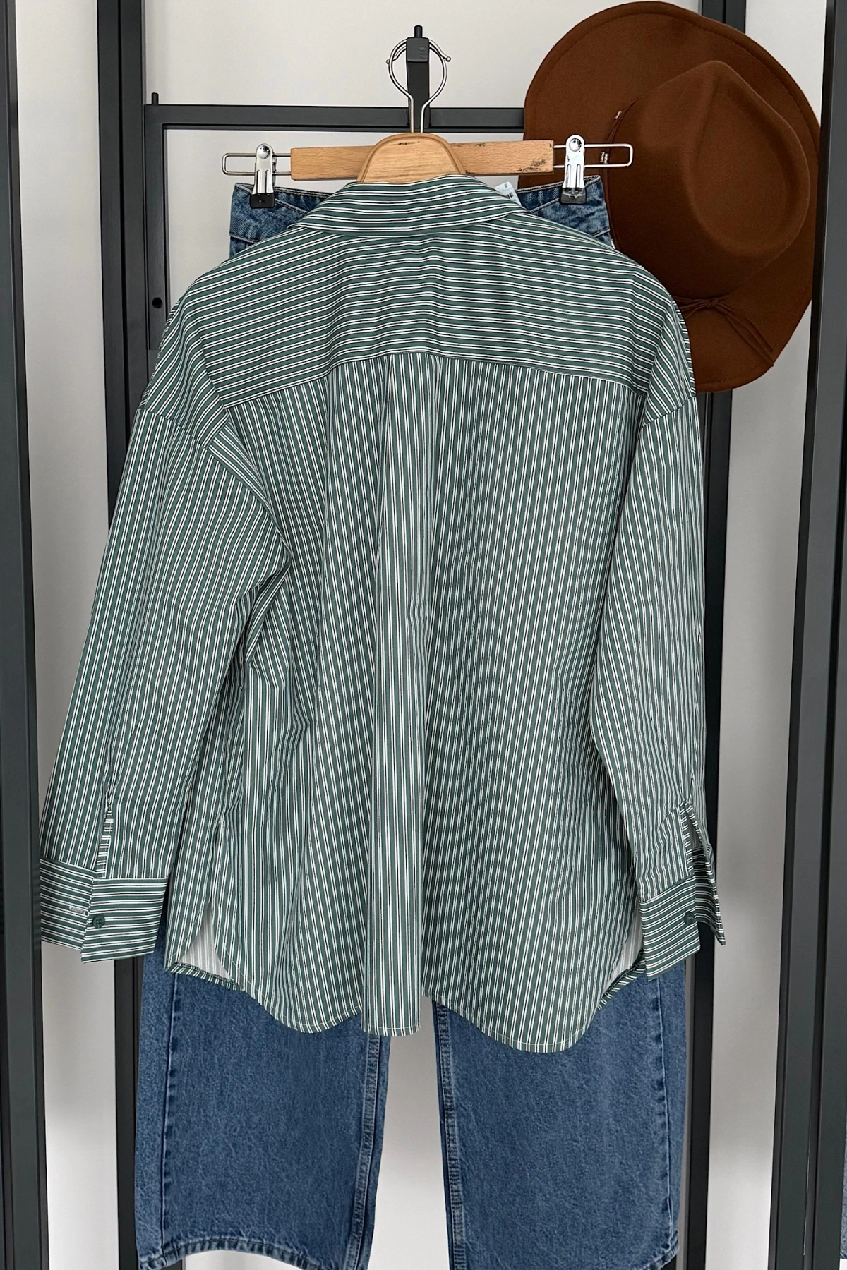 Oversize Çizgili Cepli Gömlek Yeşil