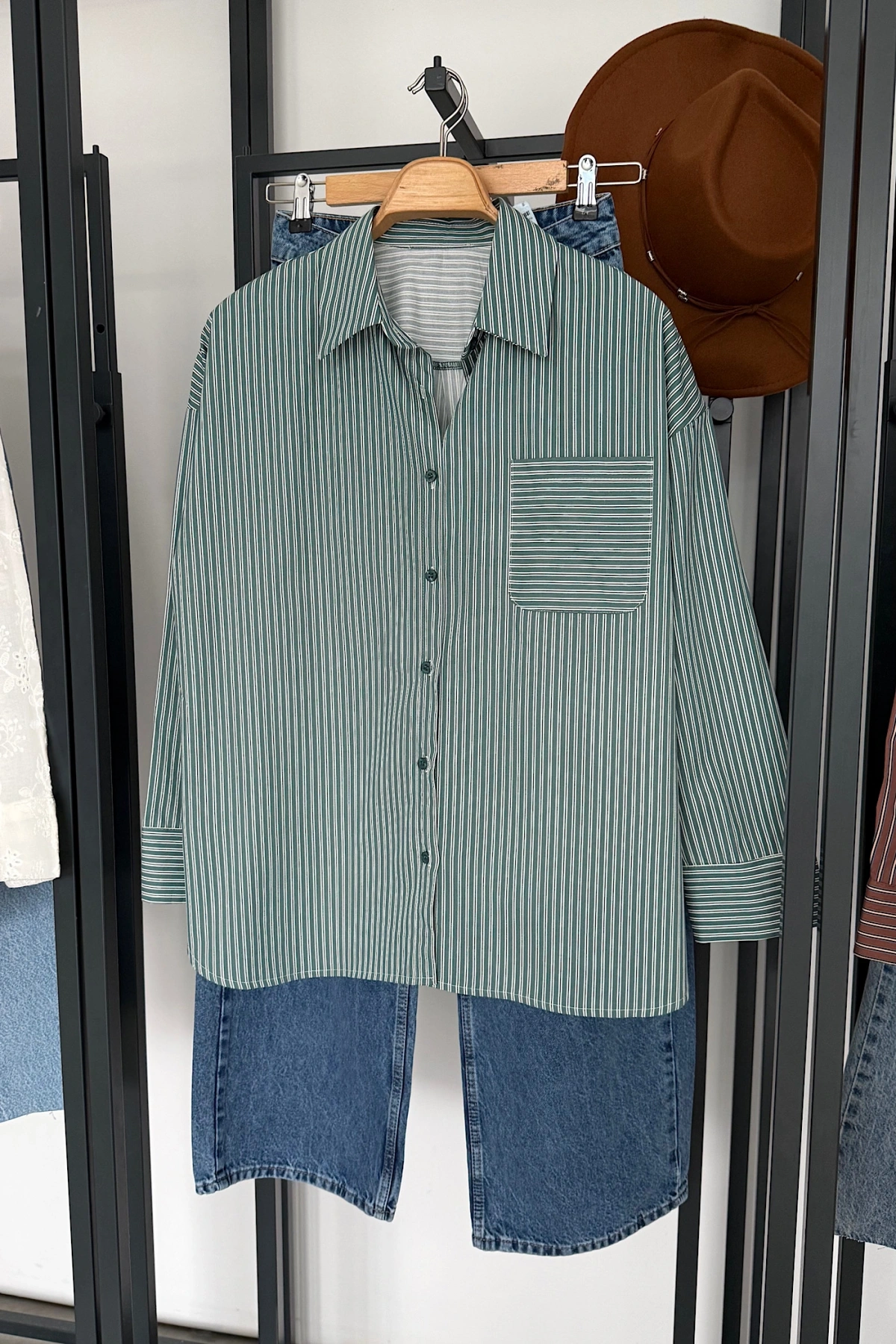 Oversize Çizgili Cepli Gömlek Yeşil