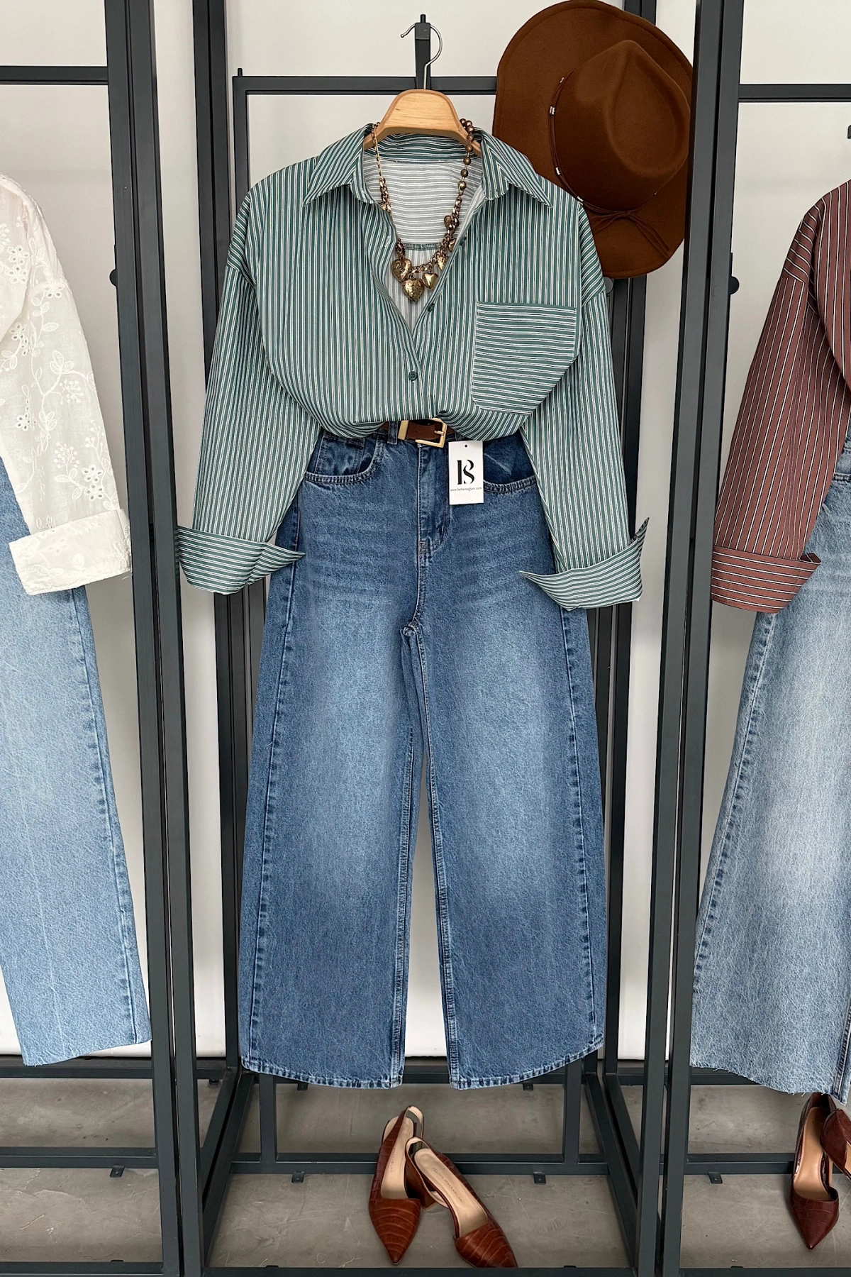 Oversize Çizgili Cepli Gömlek Yeşil