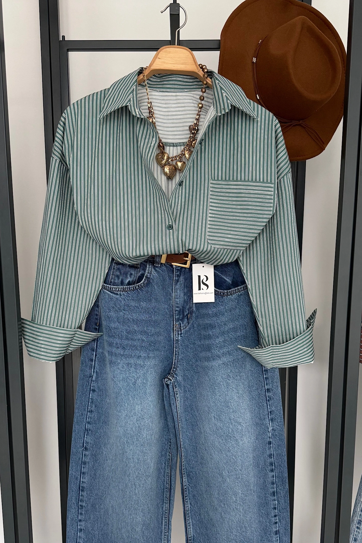 Oversize Çizgili Cepli Gömlek Yeşil