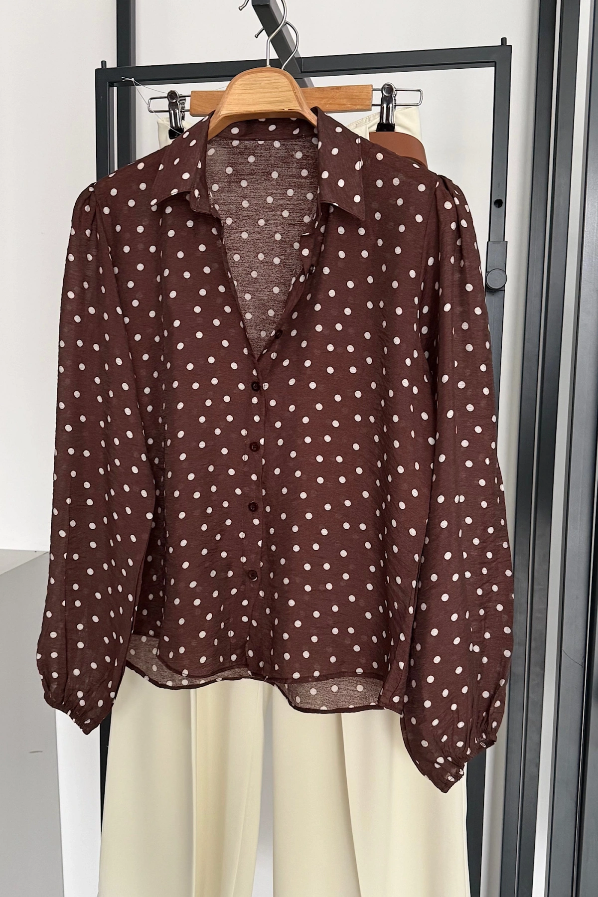 Puantiyeli Transparan Gömlek Kahverengi