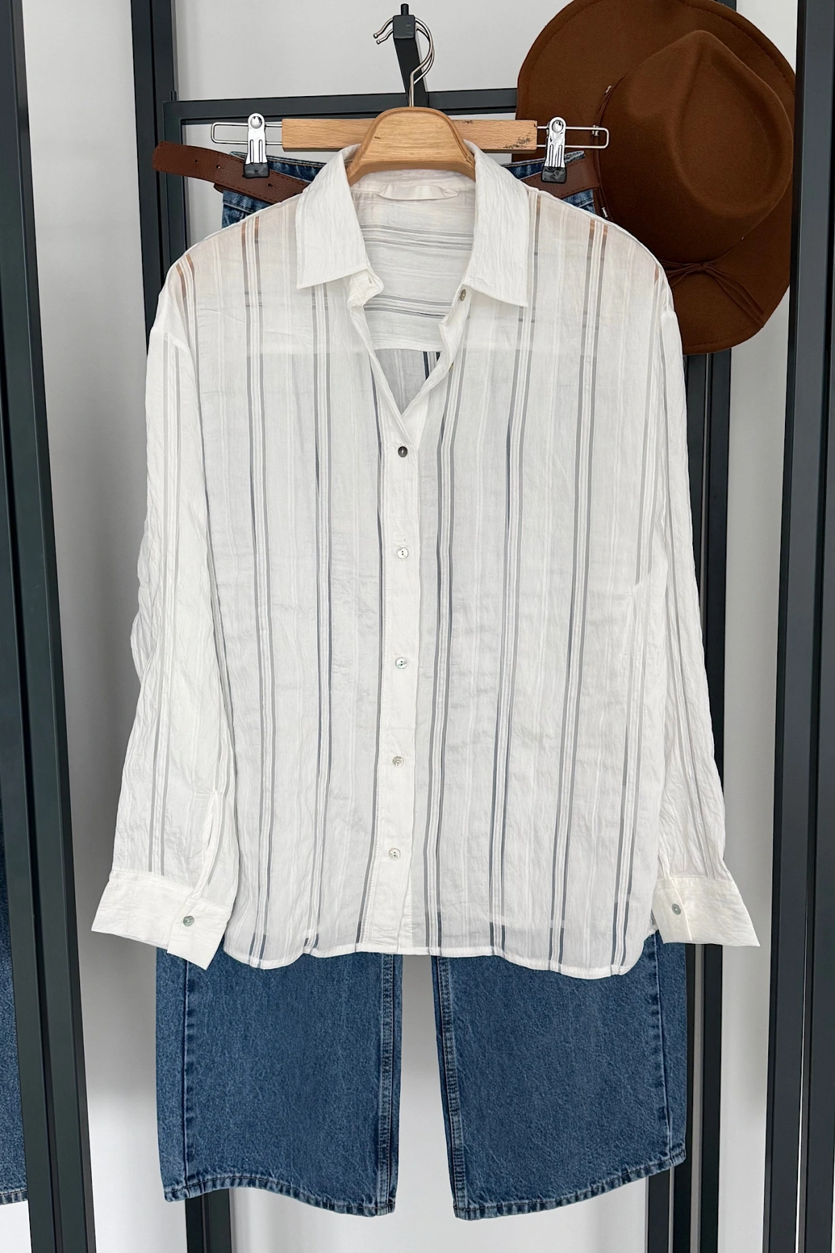 Organze Çizgili Gömlek Beyaz