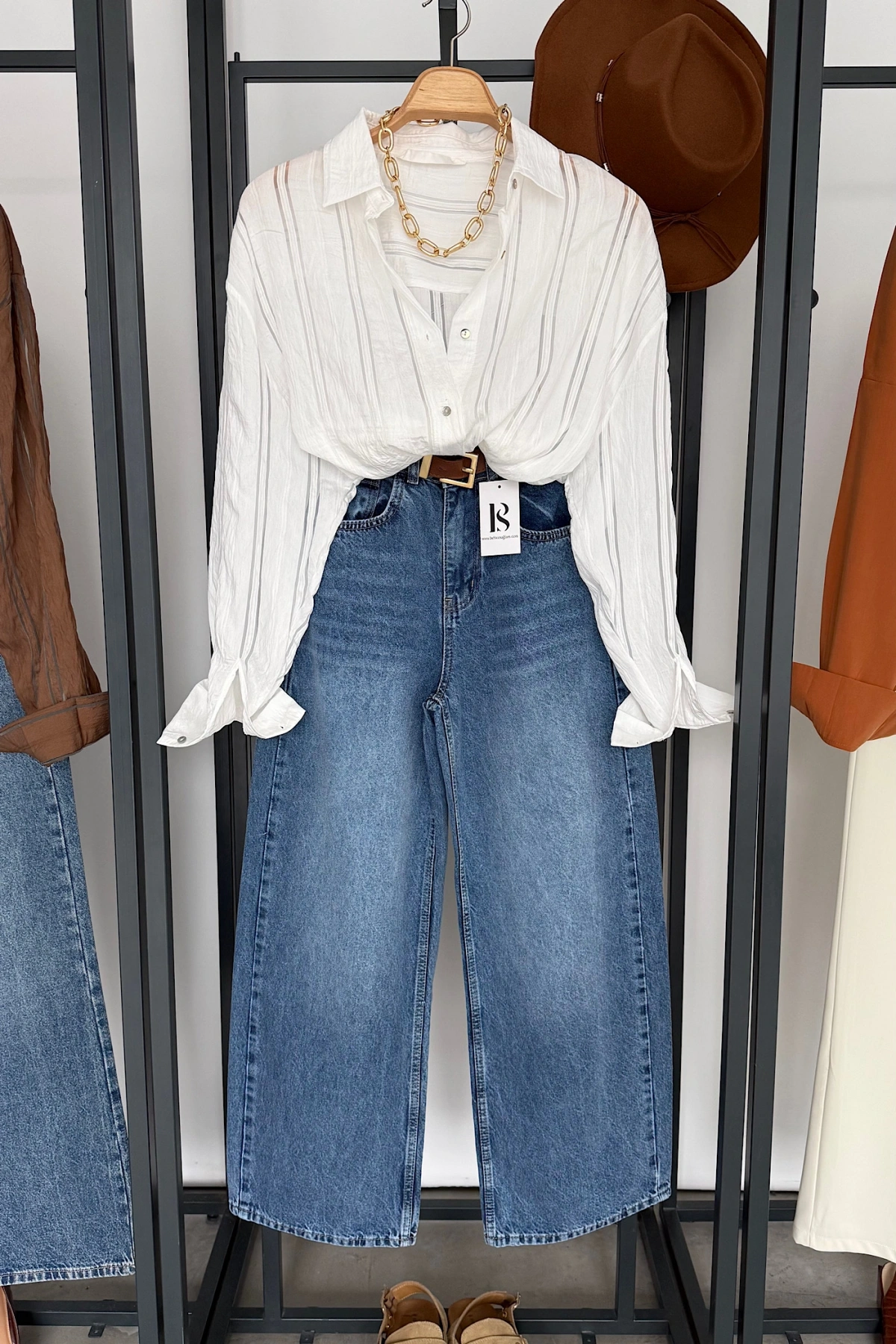 Organze Çizgili Gömlek Beyaz