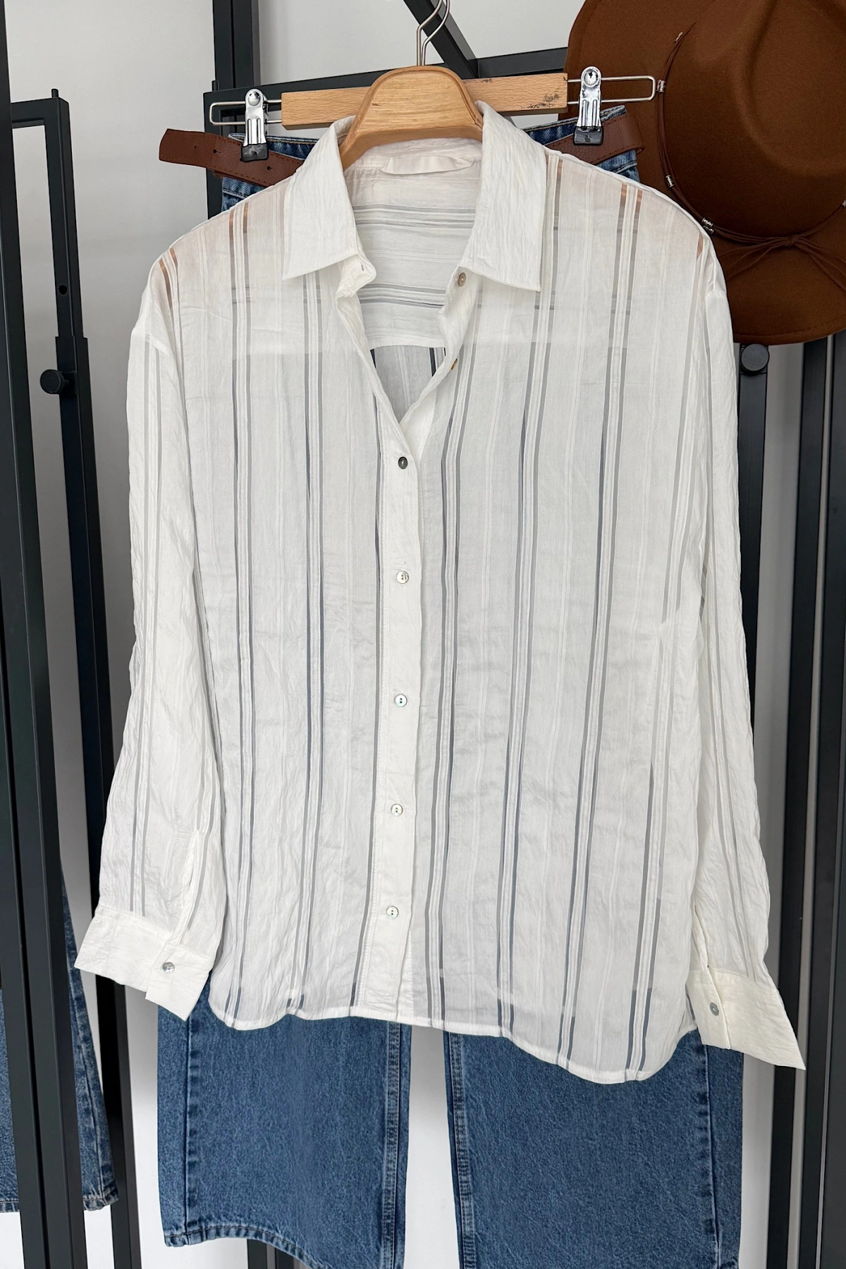 Organze Çizgili Gömlek Beyaz