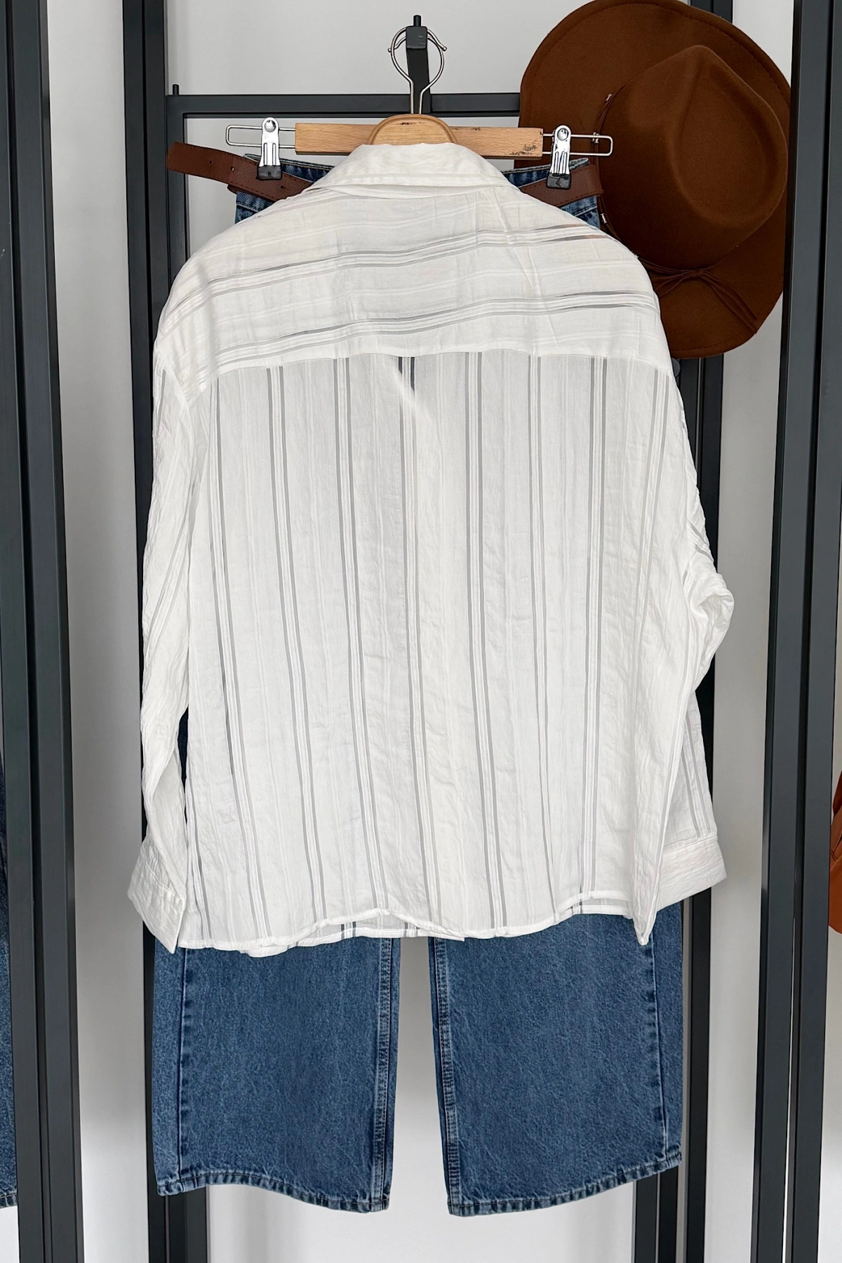 Organze Çizgili Gömlek Beyaz