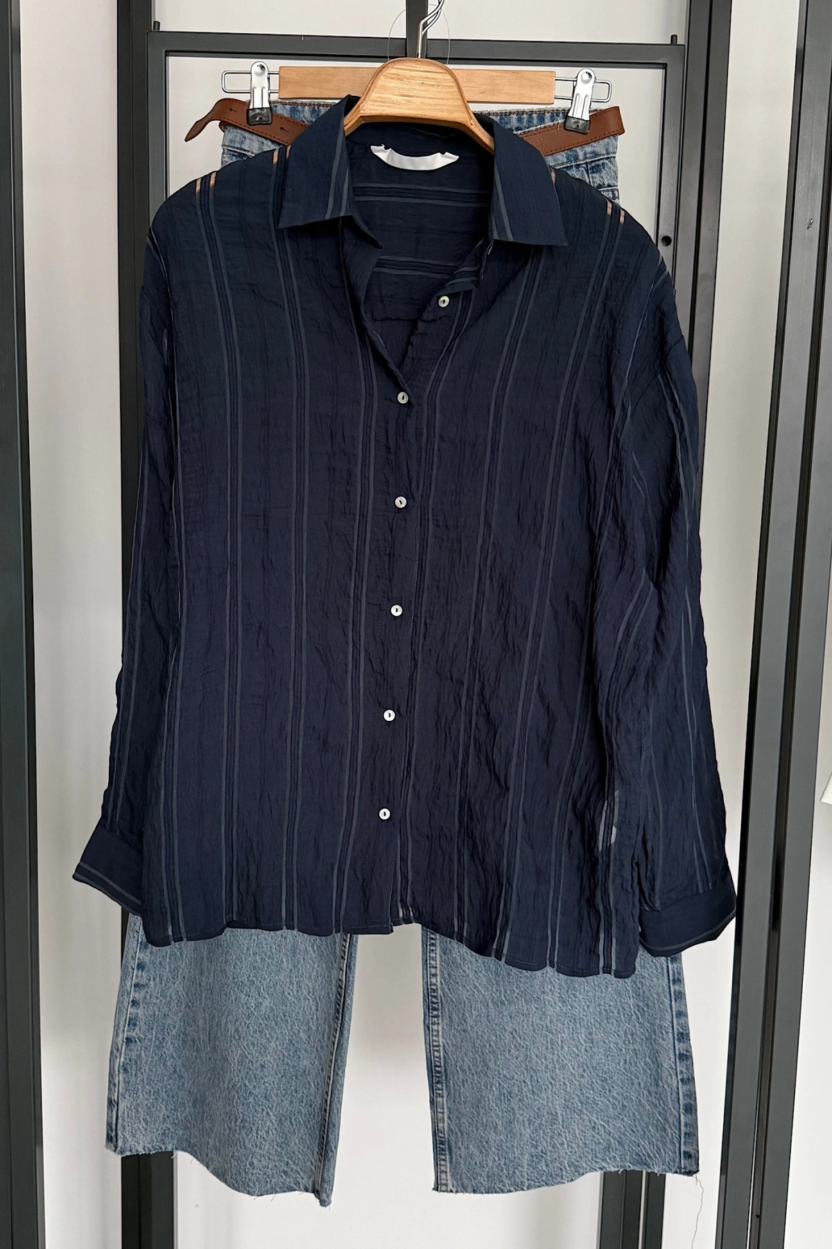 Organze Çizgili Gömlek Lacivert