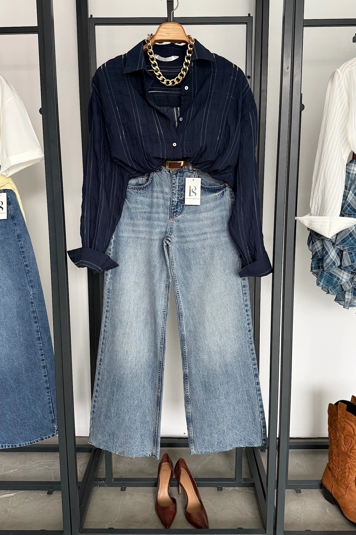 Organze Çizgili Gömlek Lacivert