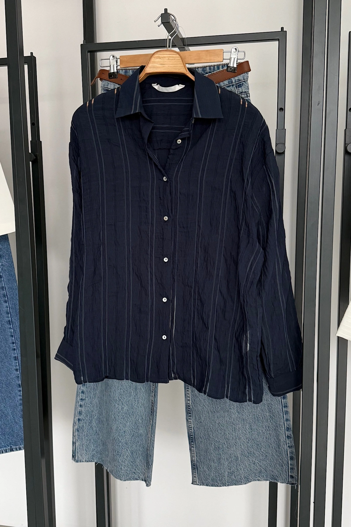 Organze Çizgili Gömlek Lacivert