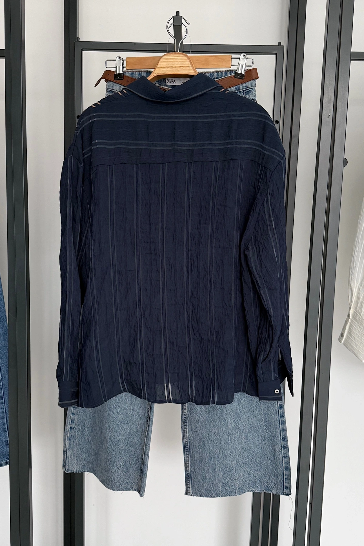 Organze Çizgili Gömlek Lacivert