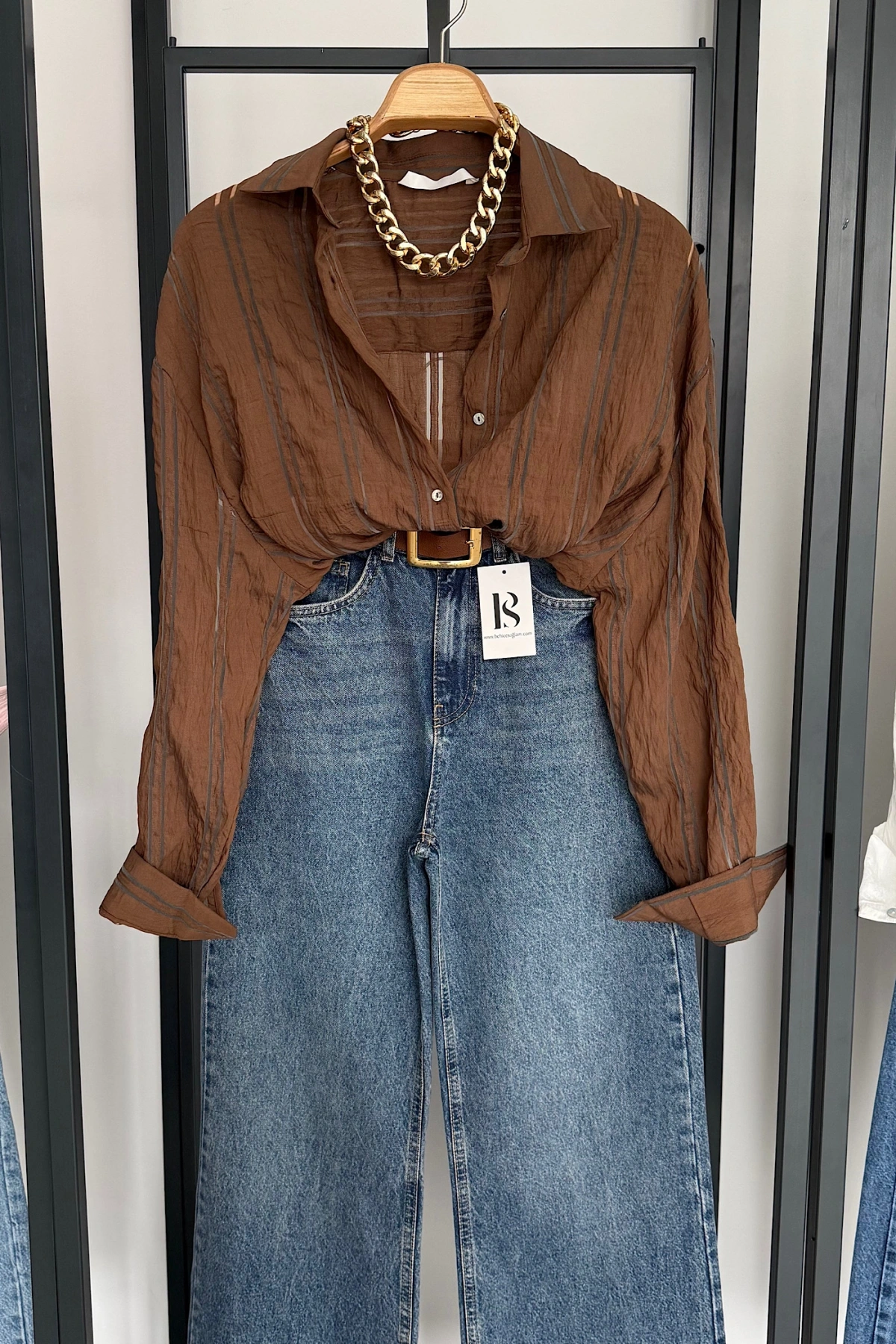 Organze Çizgili Gömlek Kahverengi