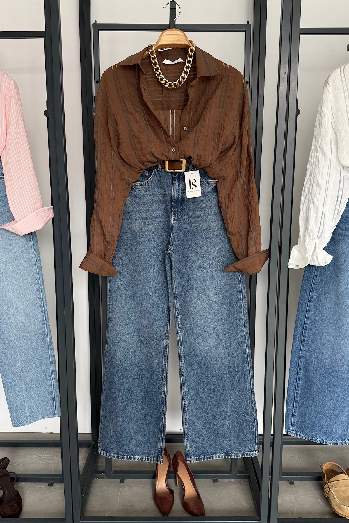 Organze Çizgili Gömlek Kahverengi