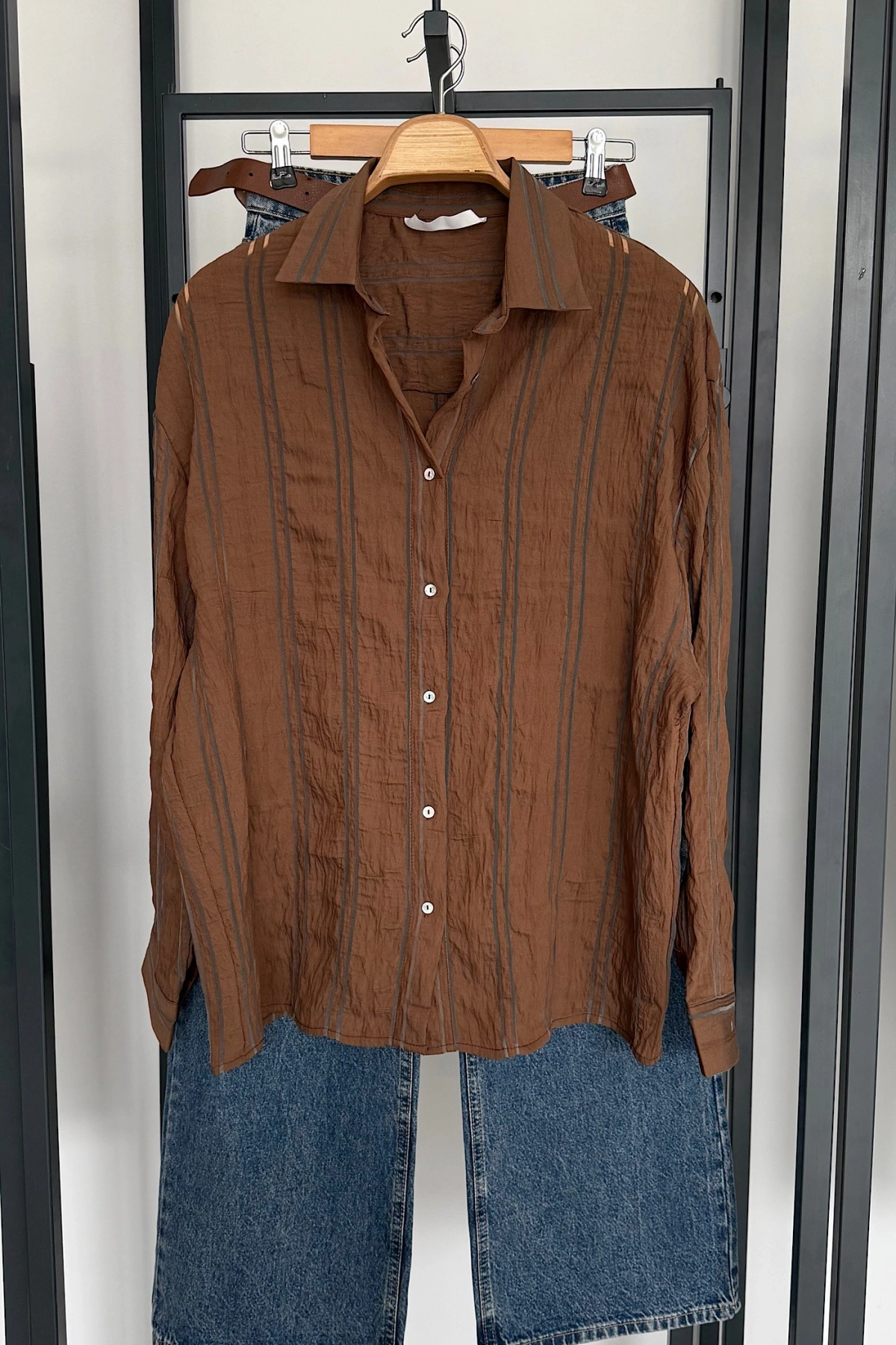 Organze Çizgili Gömlek Kahverengi