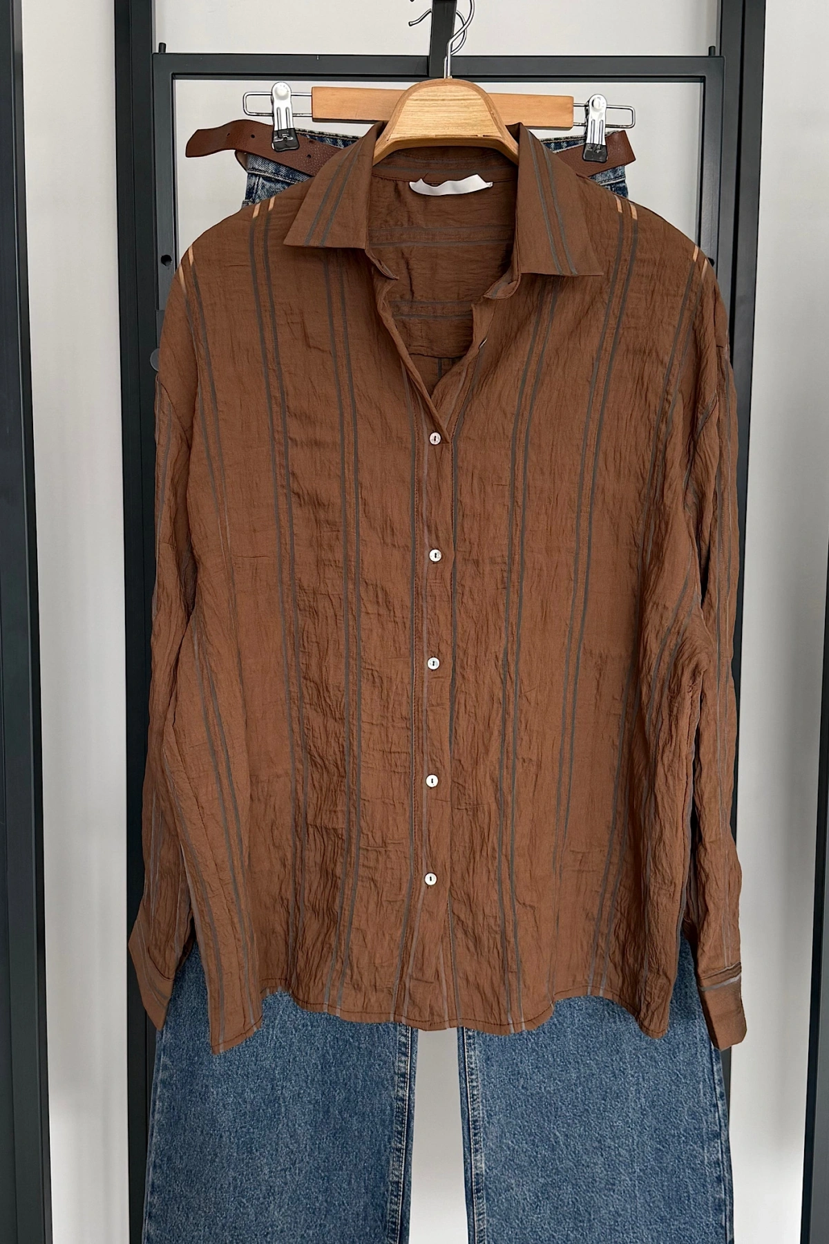 Organze Çizgili Gömlek Kahverengi