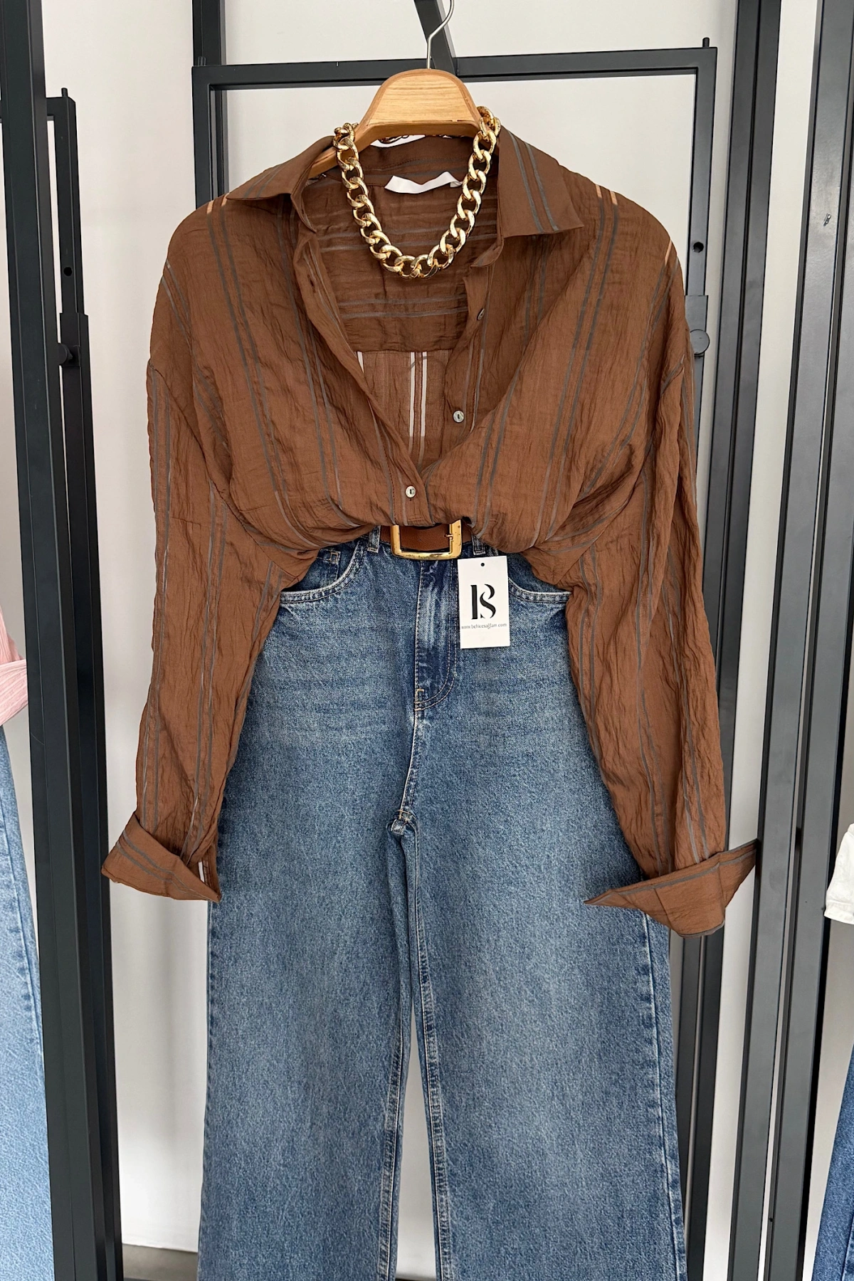 Organze Çizgili Gömlek Kahverengi