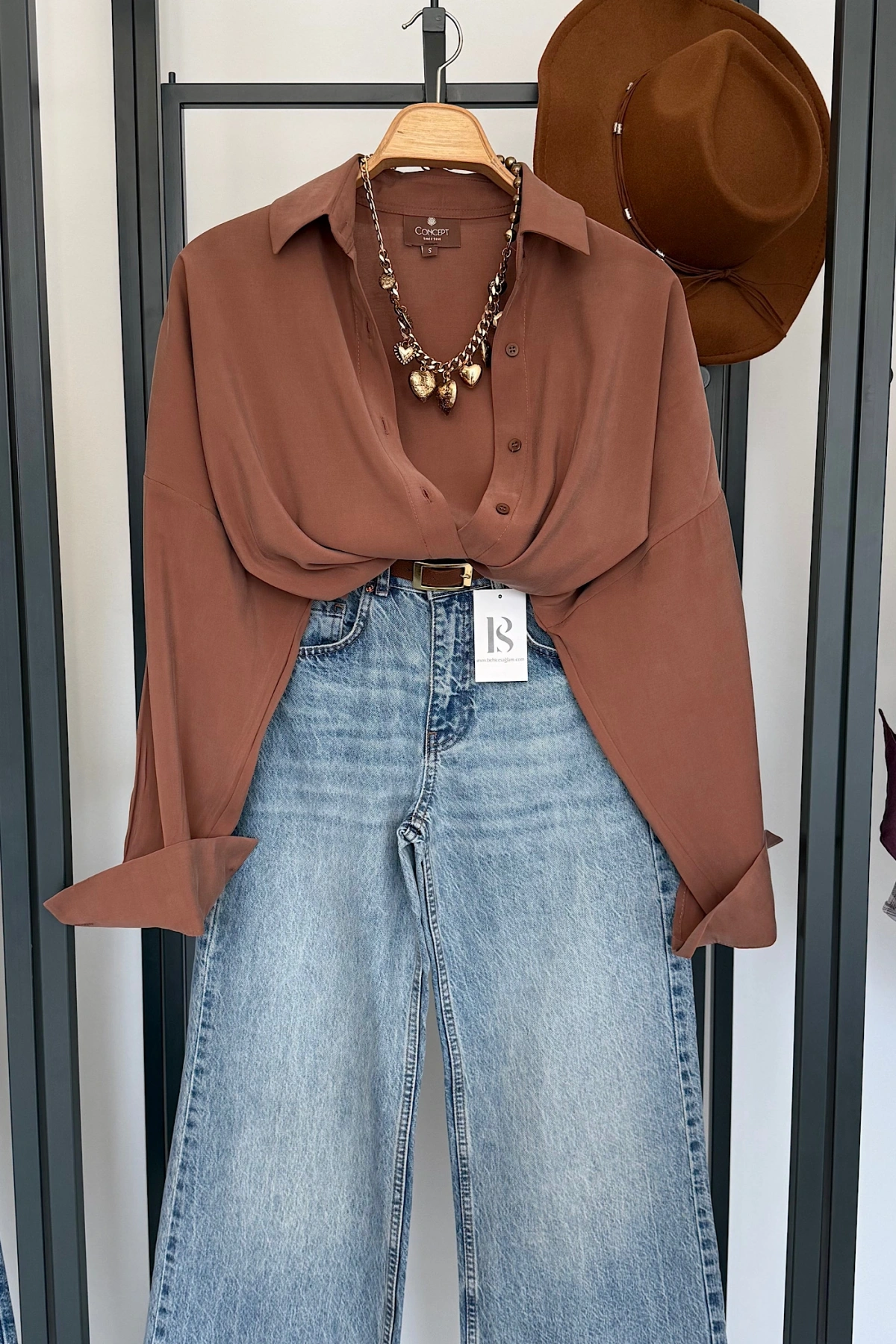 Dökümlü Tensel Oversize Gömlek Kahverengi