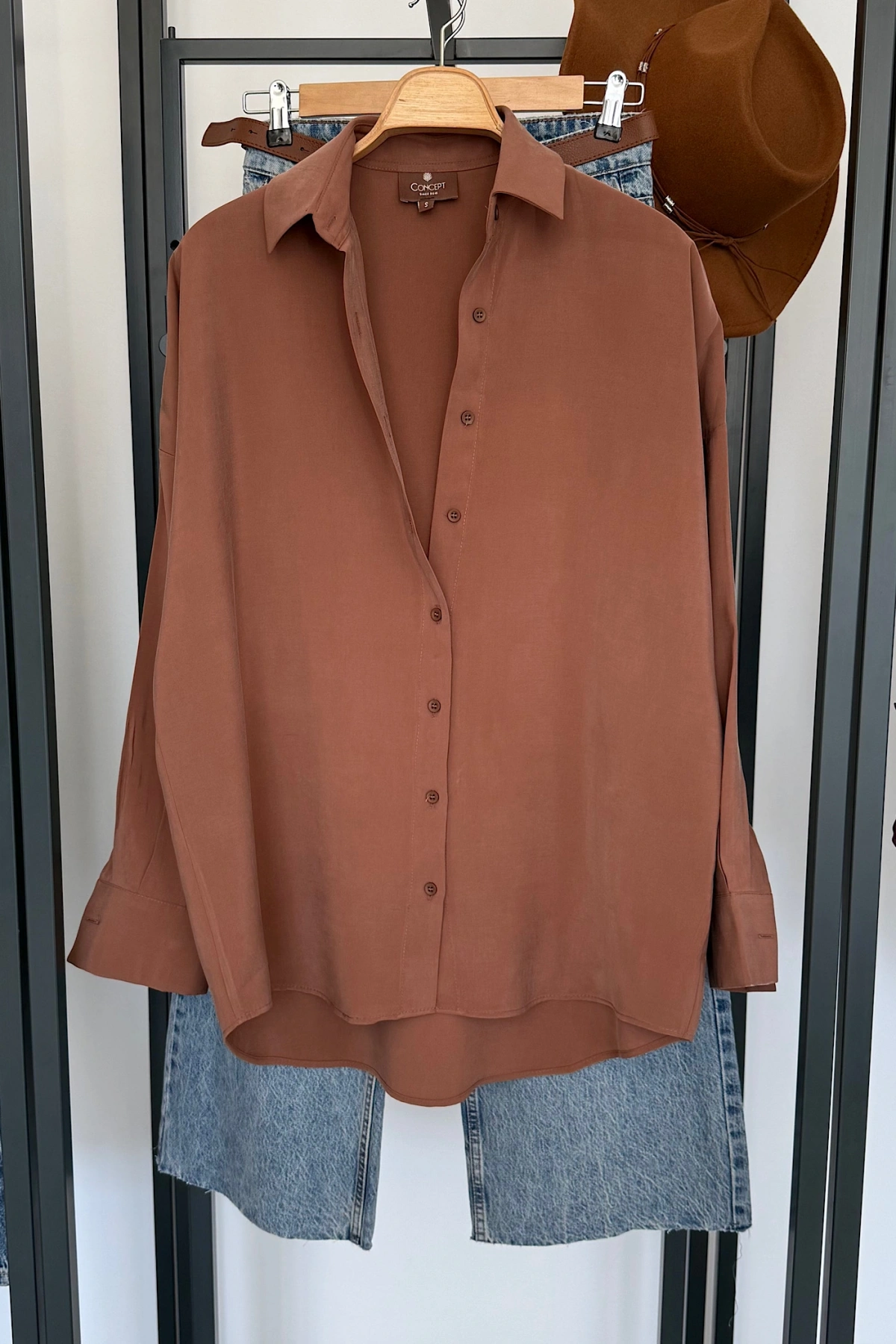 Dökümlü Tensel Oversize Gömlek Kahverengi
