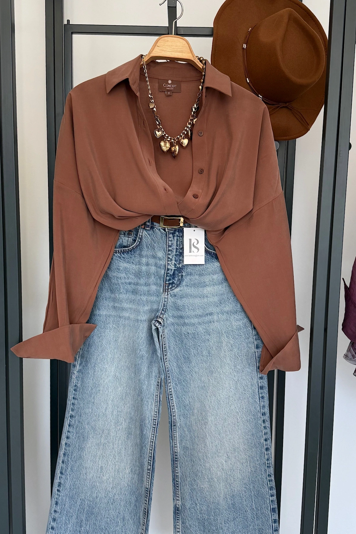 Dökümlü Tensel Oversize Gömlek Kahverengi