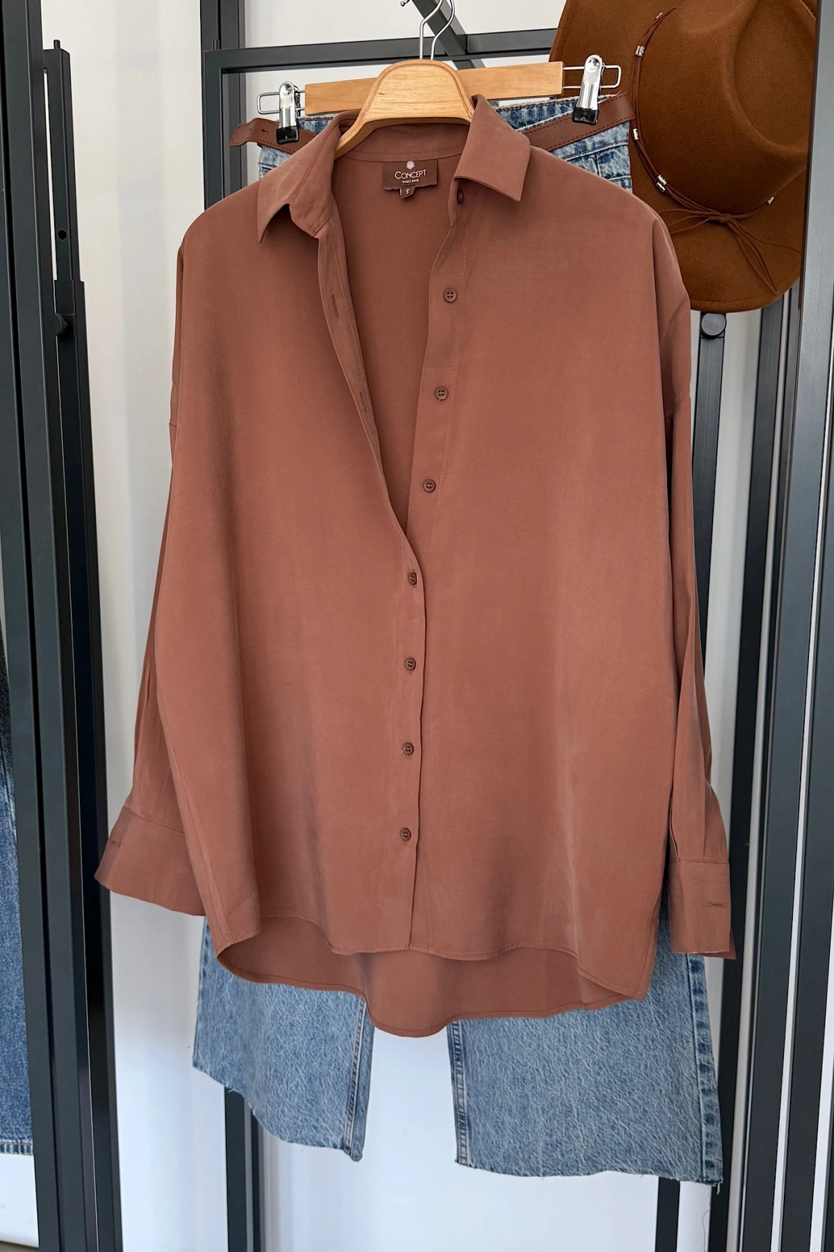 Dökümlü Tensel Oversize Gömlek Kahverengi