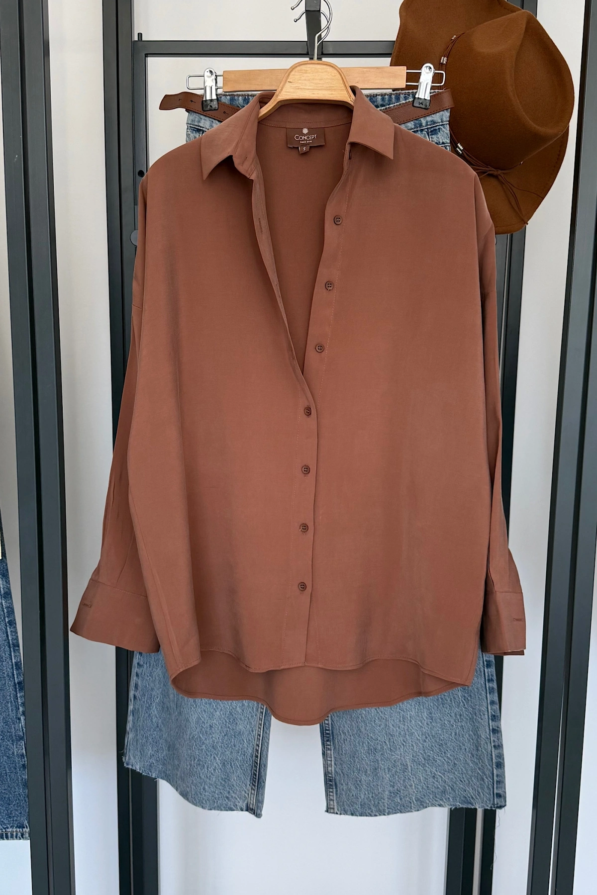 Dökümlü Tensel Oversize Gömlek Kahverengi