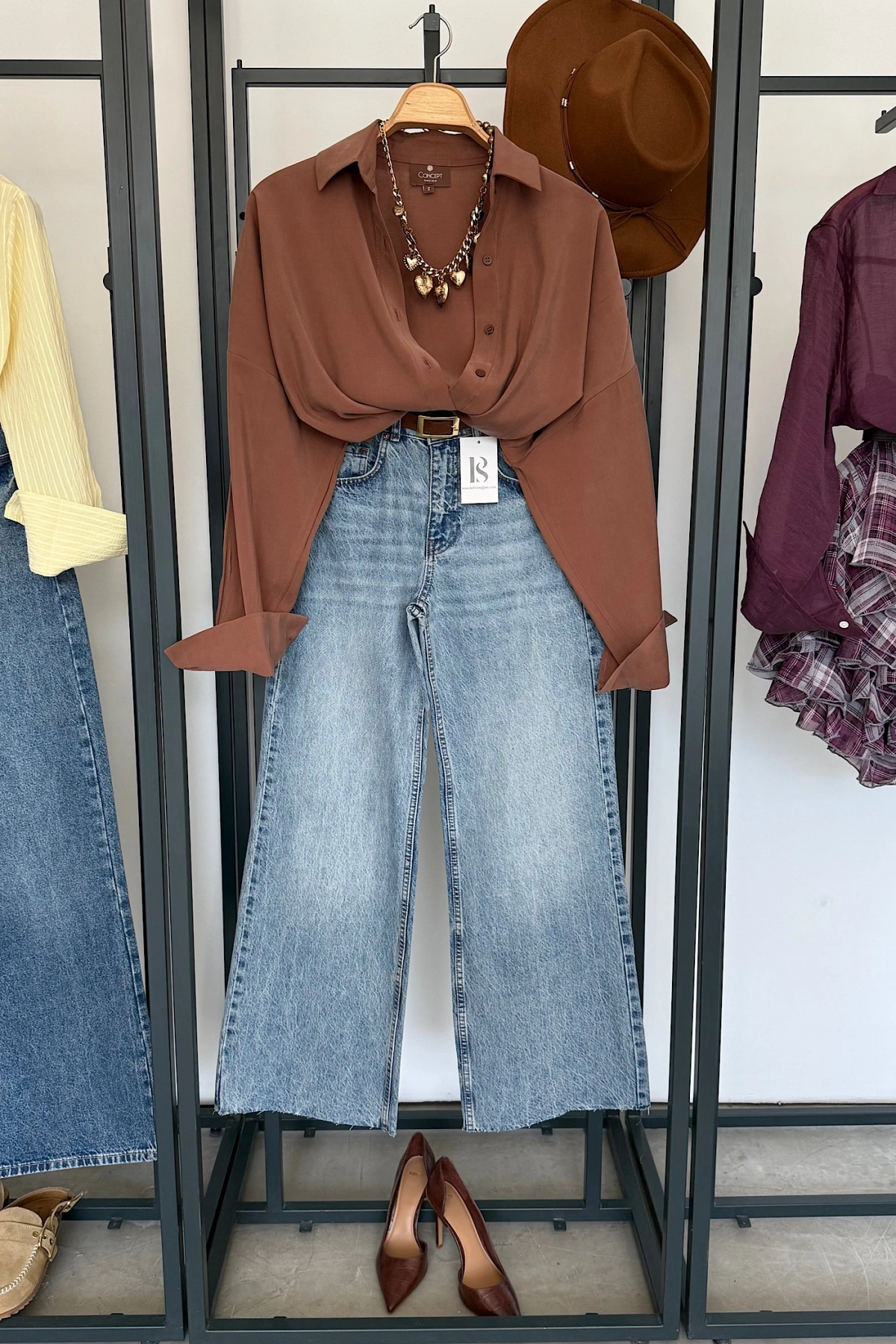 Dökümlü Tensel Oversize Gömlek Kahverengi