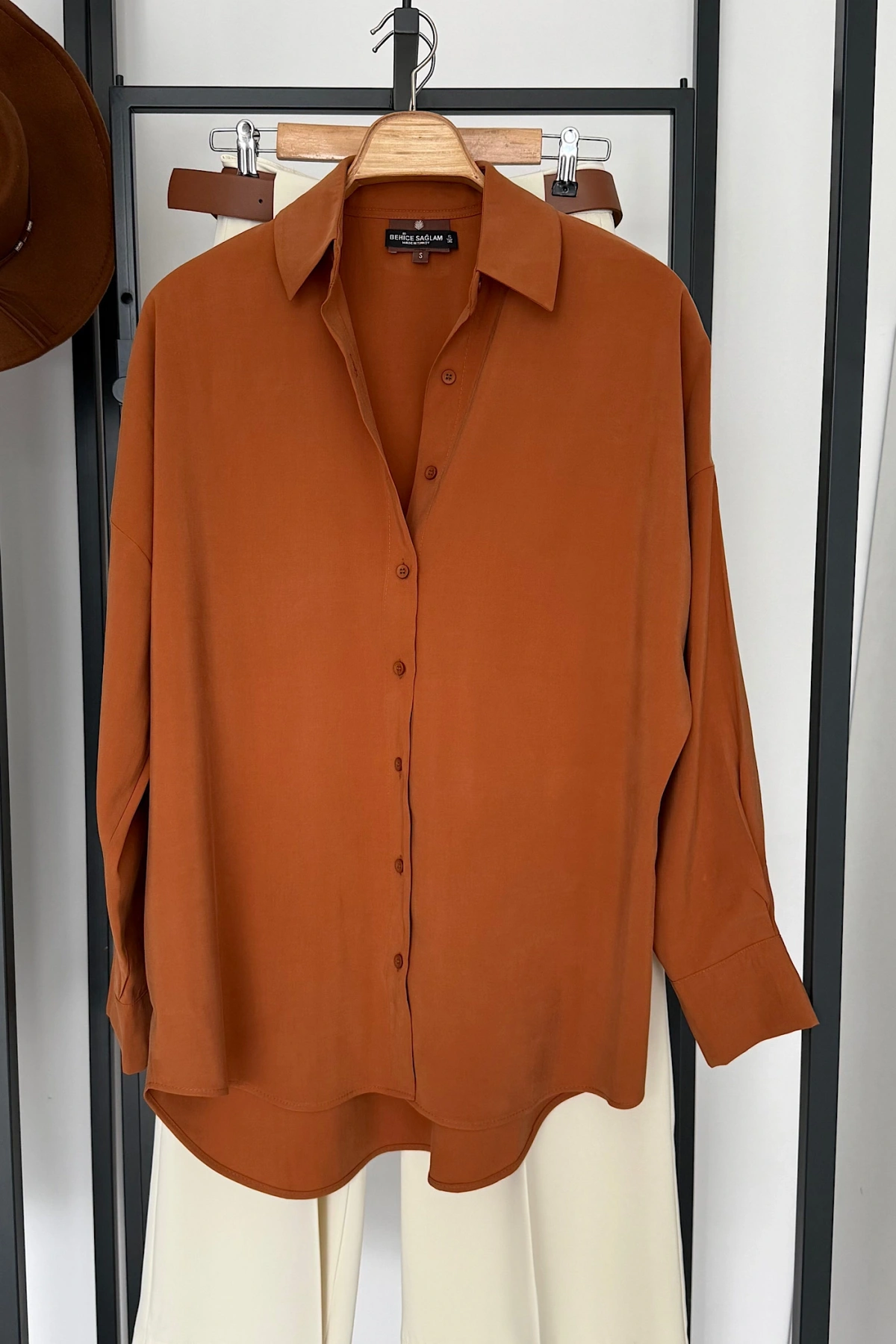 Dökümlü Tensel Oversize Gömlek Kiremit