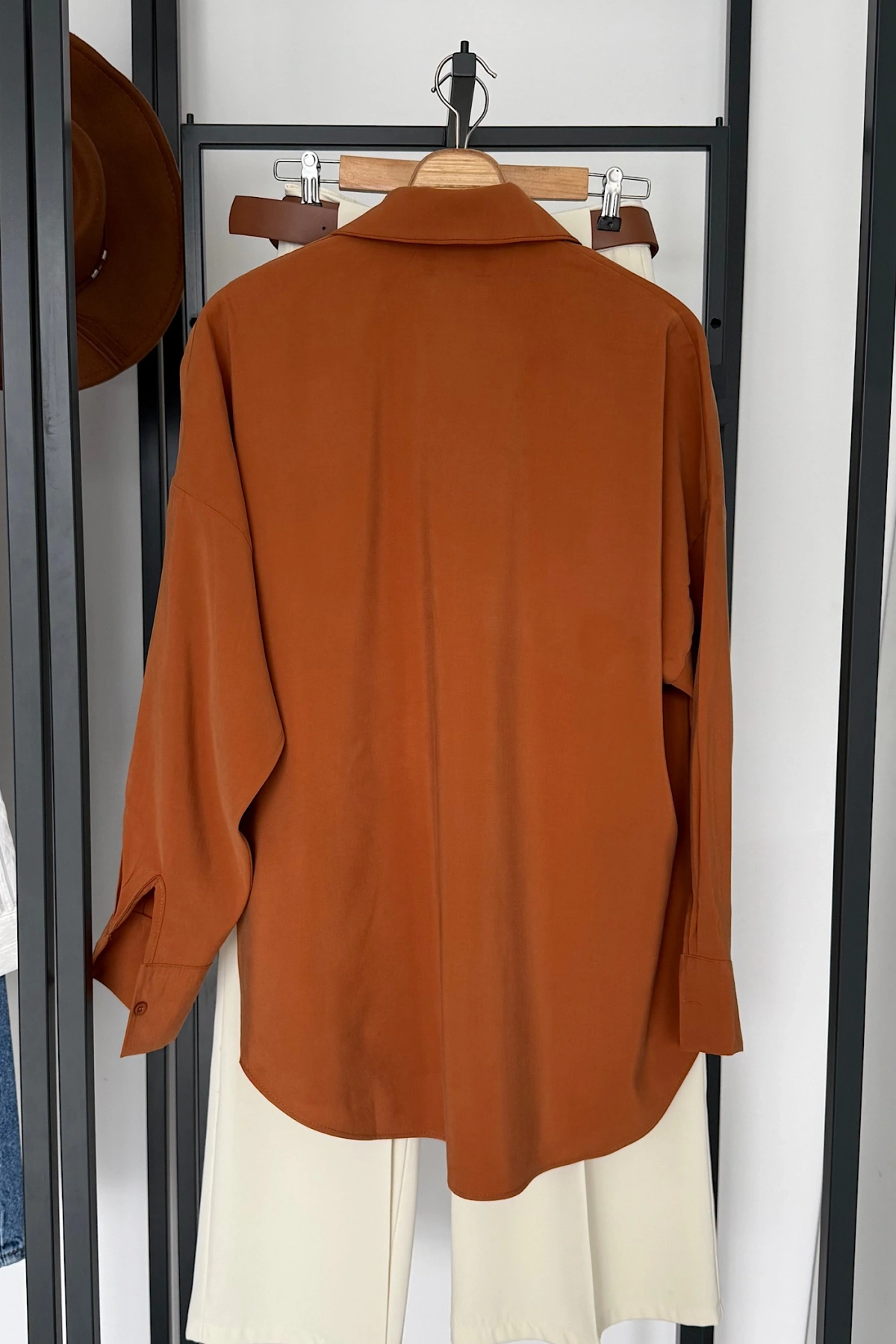 Dökümlü Tensel Oversize Gömlek Kiremit