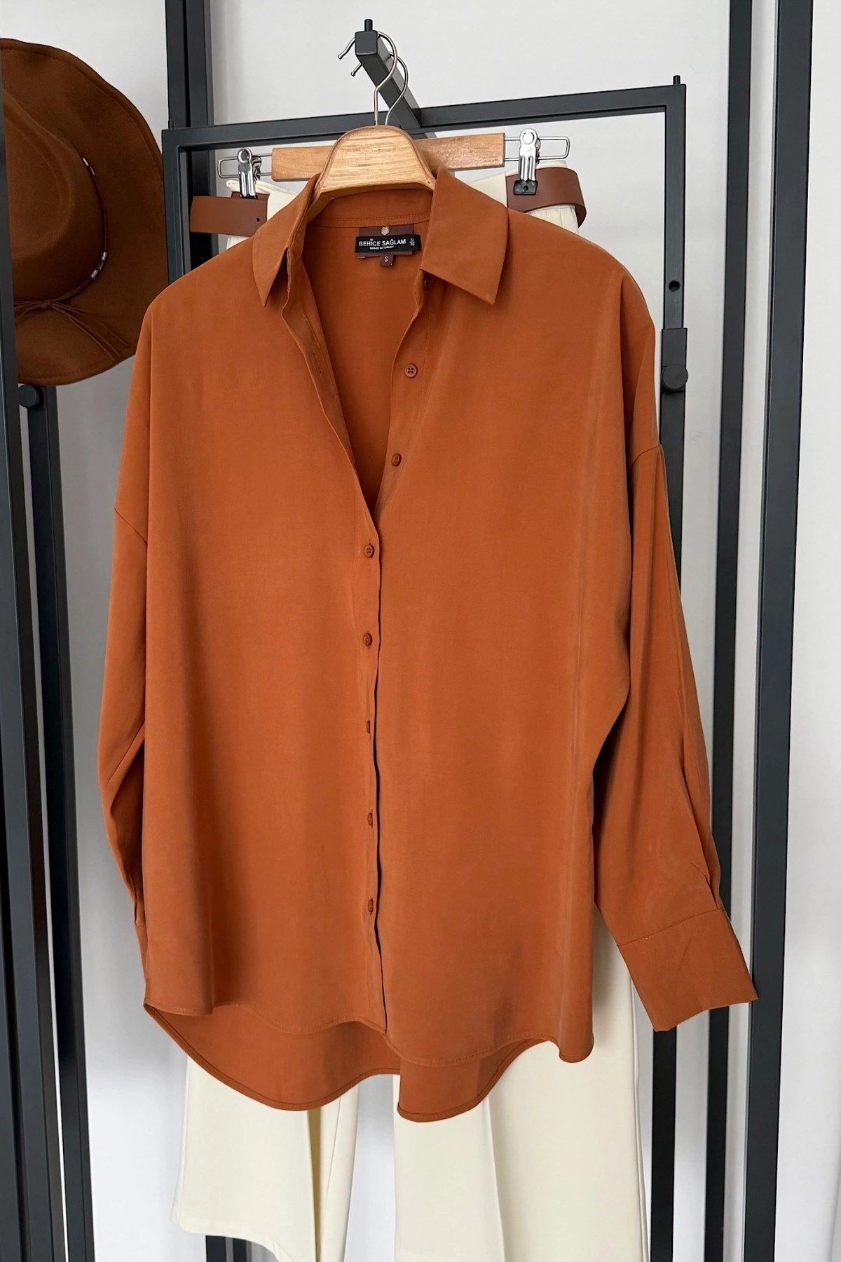 Dökümlü Tensel Oversize Gömlek Kiremit